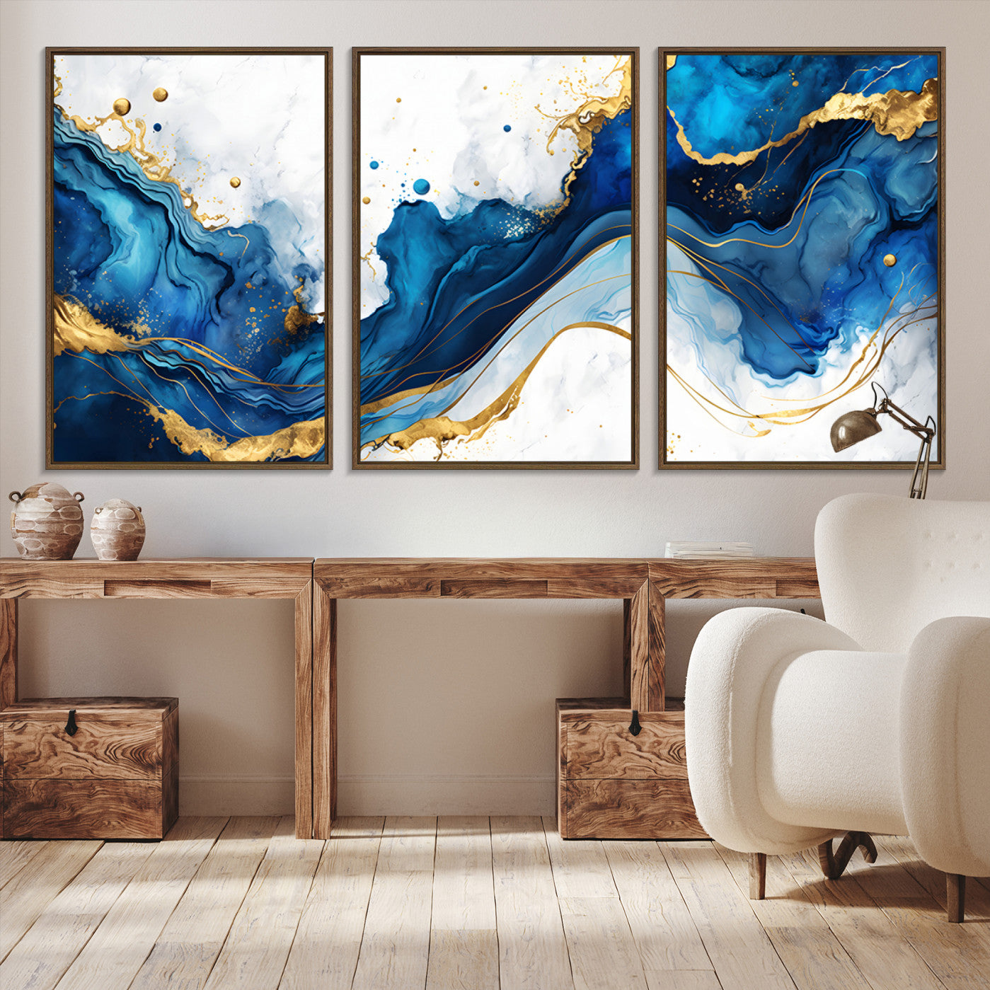 33506371-MGV-CV-48X32-3P-Blue Marble Wall Art Canvas Print – Framed Gold Splash Wave Design Modern Abstract Artwork for Home, Office