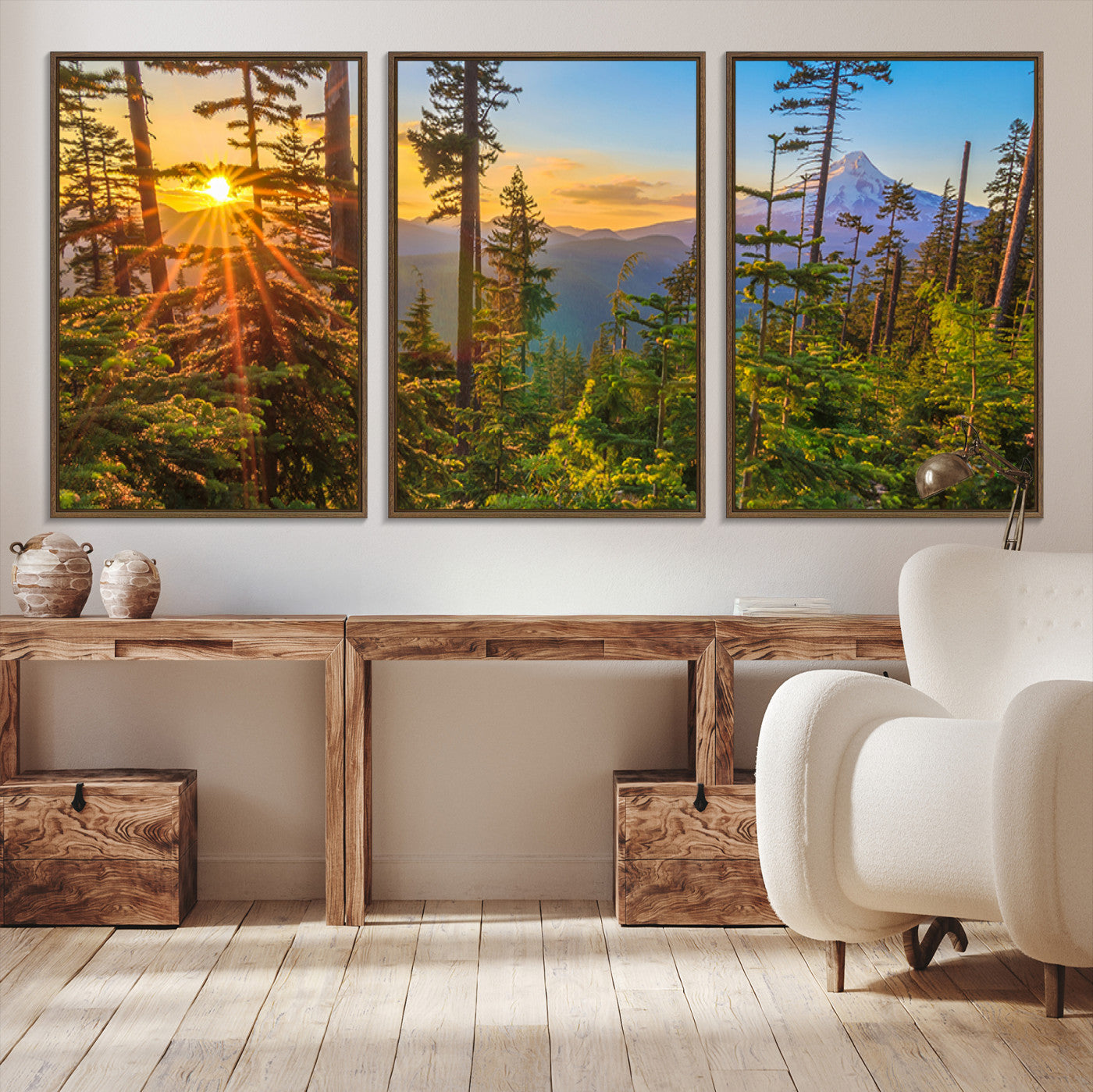 83544043-MGV-CV-48X32-3P-Forest Sunset Wall Art Canvas Print, Glowing Evening Light Through Green Pines and Trees Artwork for Home, Office