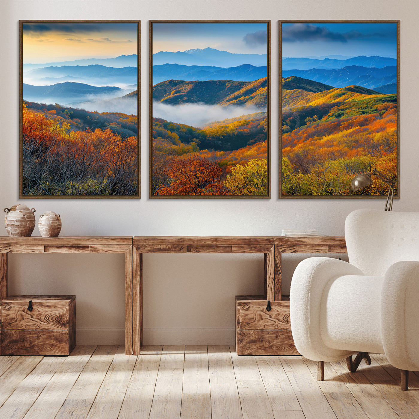 -Autumn Mountains Wall Art Canvas Print, Autumn Mountain Foggy Landscape Wall Art Canvas Print,