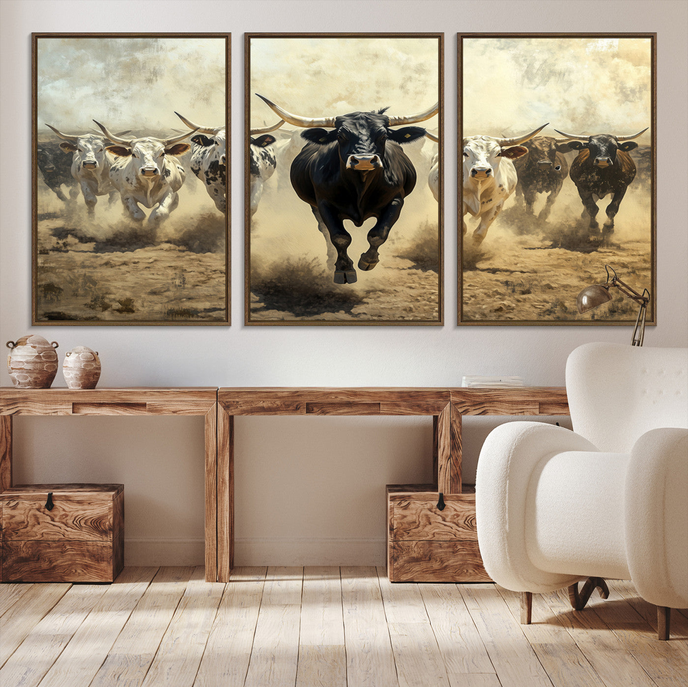 Dynamic canvas showing a Texas Longhorn stampede with earthy tones and bold movement, perfect for rustic or Western-style interiors.