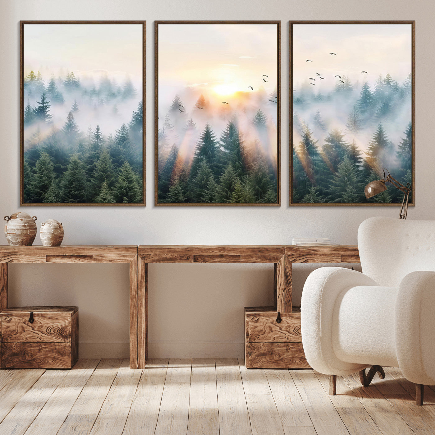 92718976-MGV-CV-36X24-Misty Pine Forest Wall Art Canvas, Sunrise Over Foggy Trees Canvas for Home - Office, Framed