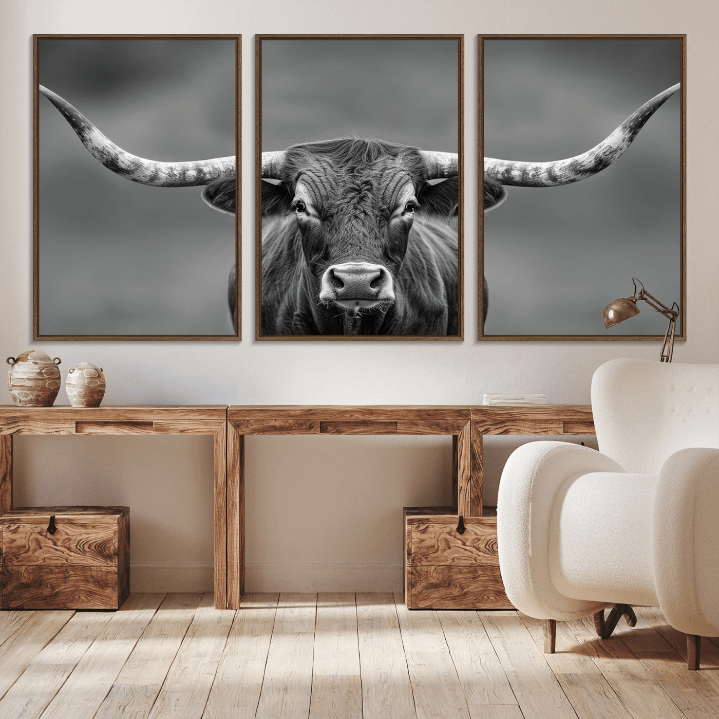 -Framed Texas Longhorn Bull Art Canvas Print, Western Bull Wall Art Print, Long Horn Bull Photo Print