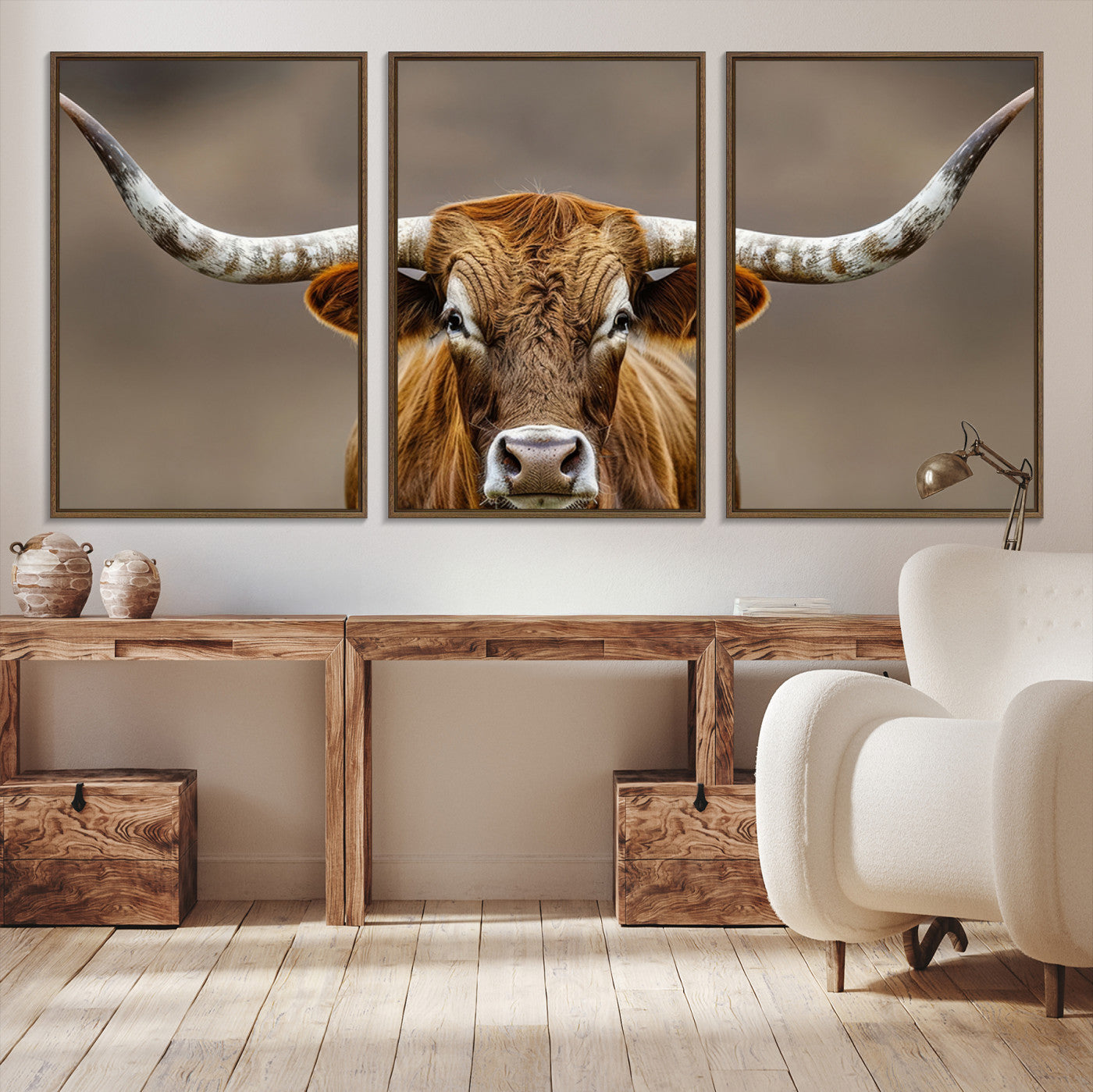12179171-MGV-CV-36X24-Texas Longhorn Wall Art Canvas Print – Brown Bull Rustic Ranch Western Cattle Nature Artwork for Home Office