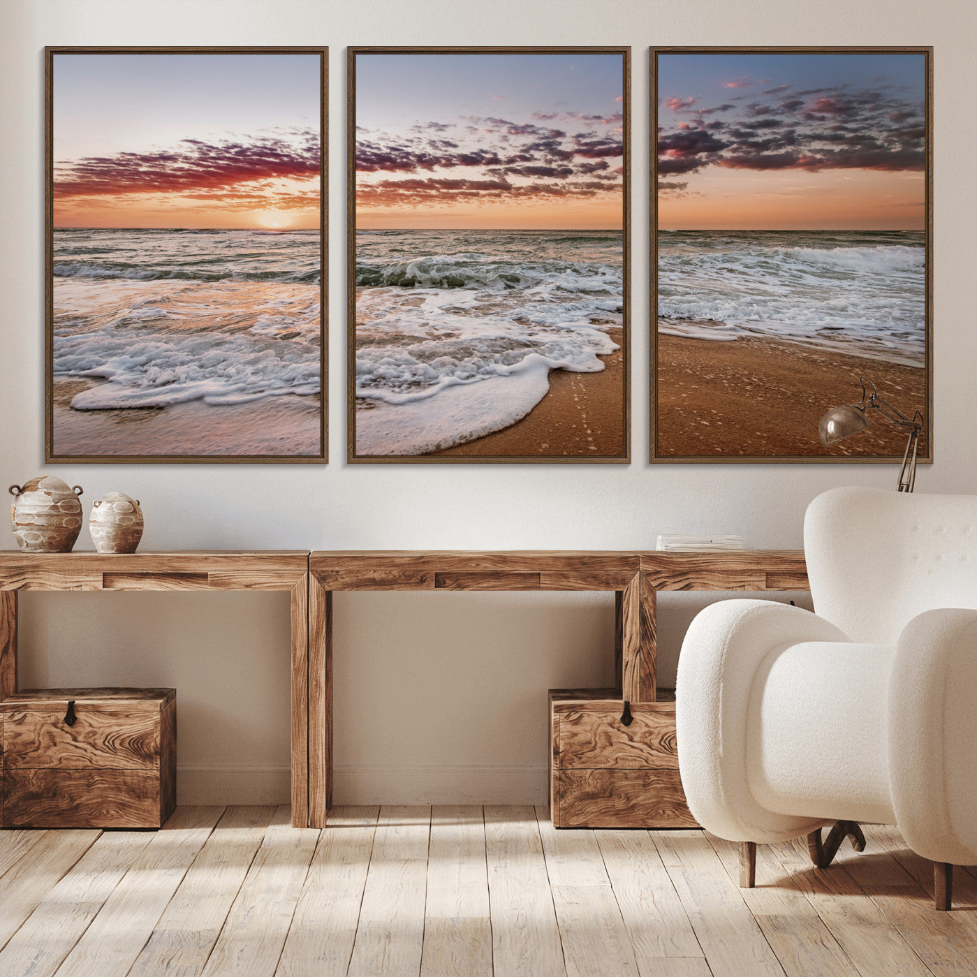 39846389-MGV-CV-36X24-Ocean Sunset Wall Art Canvas Print – Framed Sandy Shore Gentle Waves Coastal Landscape Minimalist Artwork for Home, Office