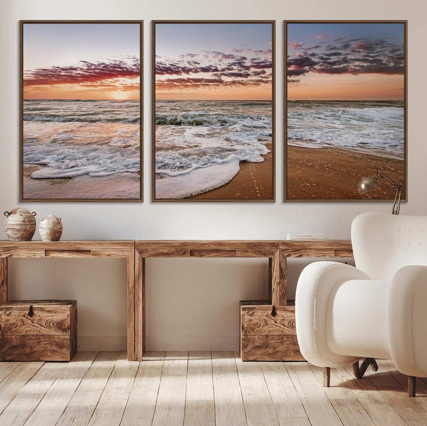 39846389-MGV-CV-36X24-Ocean Sunset Wall Art Canvas Print – Framed Sandy Shore Gentle Waves Coastal Landscape Minimalist Artwork for Home, Office
