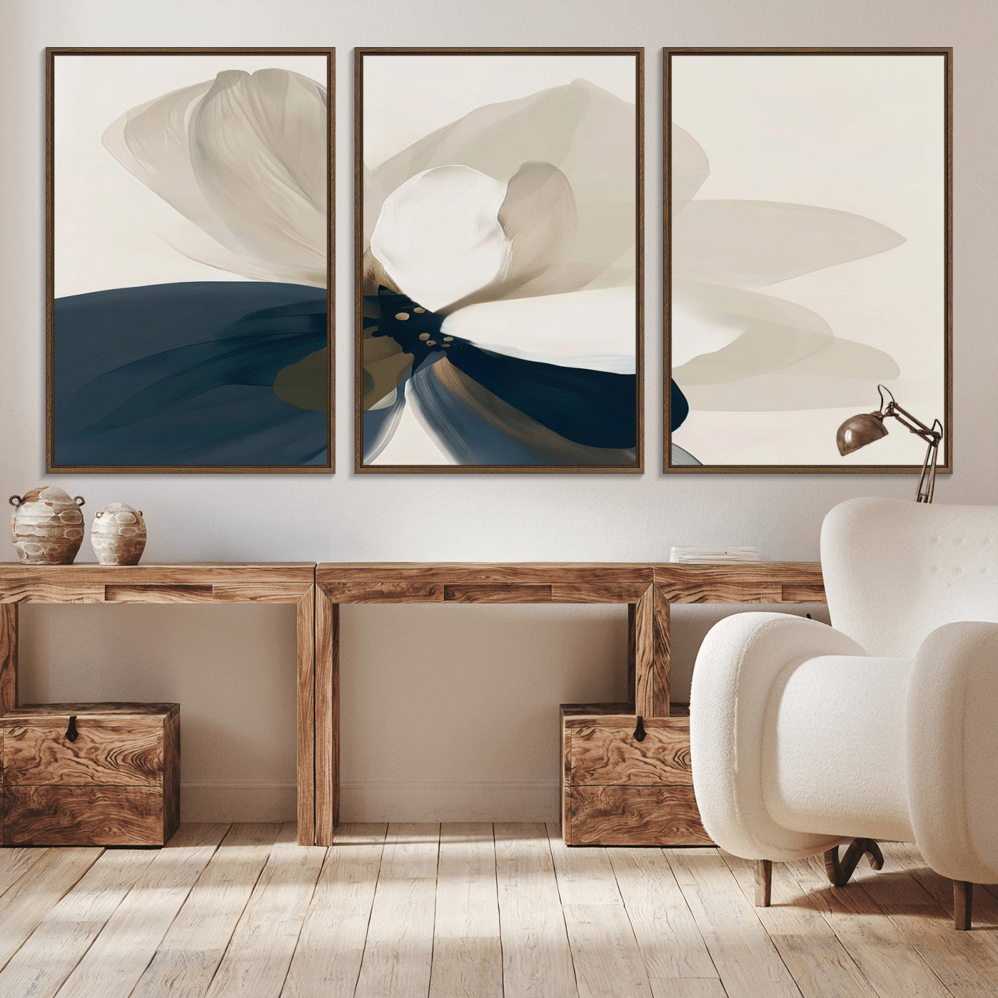 42188901-MGV-CV-36X24-Minimal Flower Wall Art Canvas Print – Framed Beige Bloom Botanical Modern Floral Artwork for Home, Office, Living Room