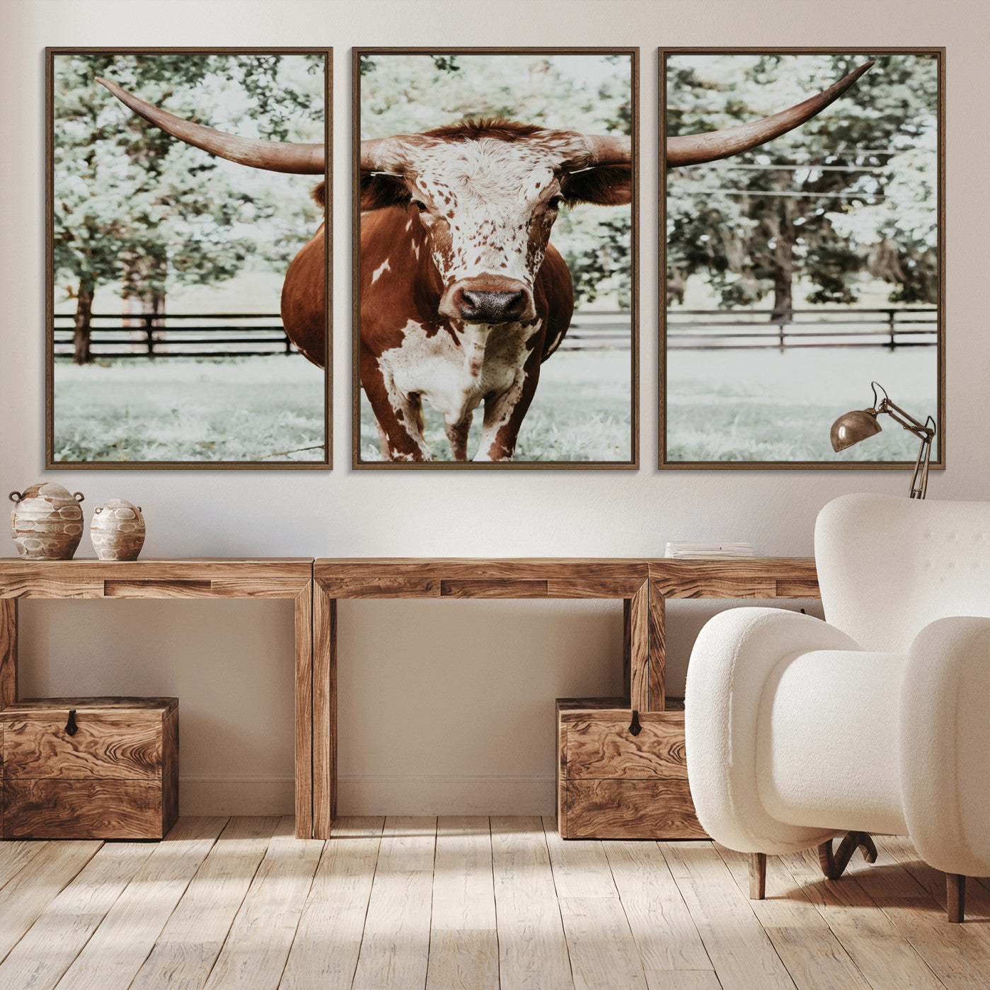 -Texas Longhorn Wall Art Canvas Print, Framed Spotted Cow Art Picture Print, Horned Cattle Perfect Rustic Western Decor Artwork