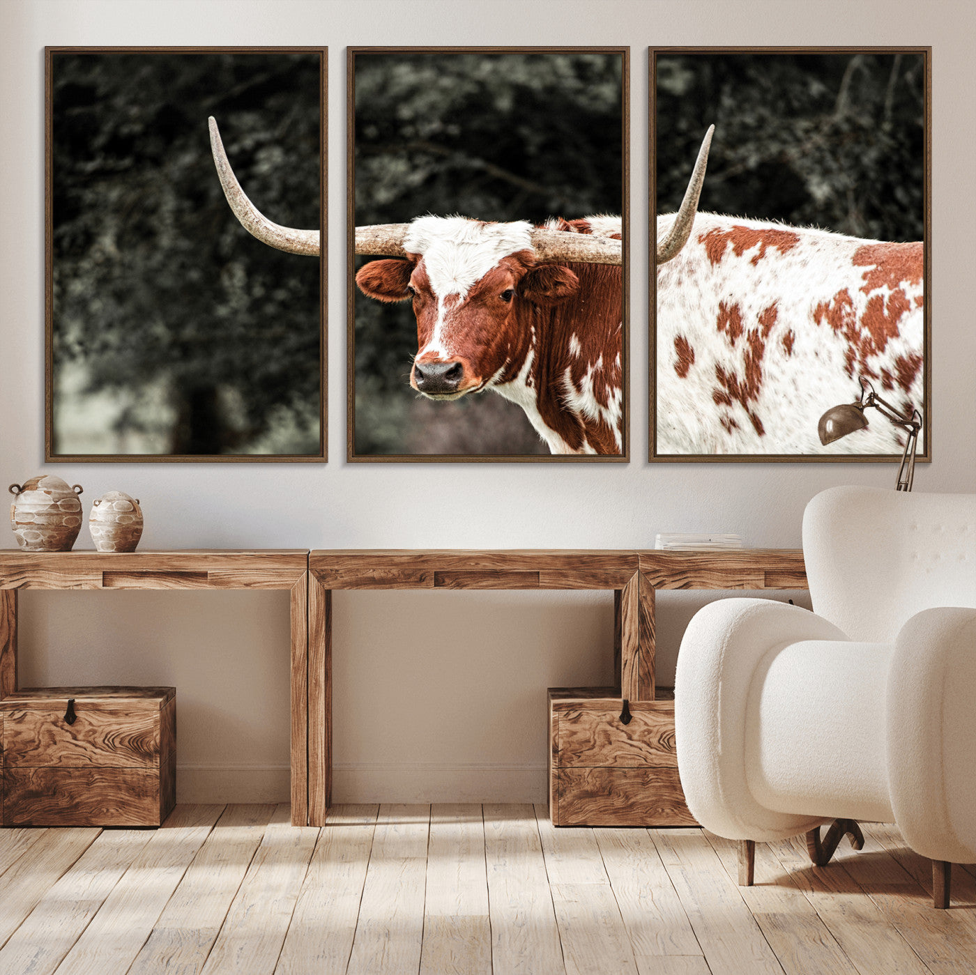 -Texas Longhorn Wall Art Canvas Print, Framed Spotted Cow Art Picture Print, Horned Bull Perfect Rustic Western Decor Artwork