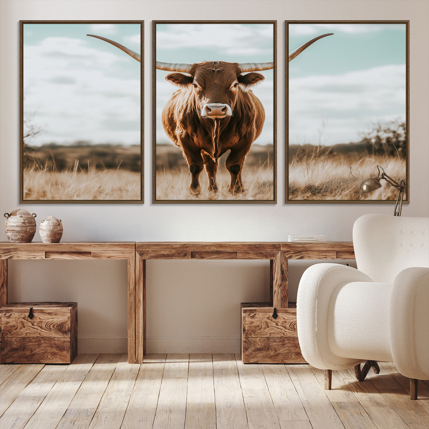 Texas Longhorn standing in a golden prairie under soft skies, ideal for rustic or western-style decor with warm natural tones.