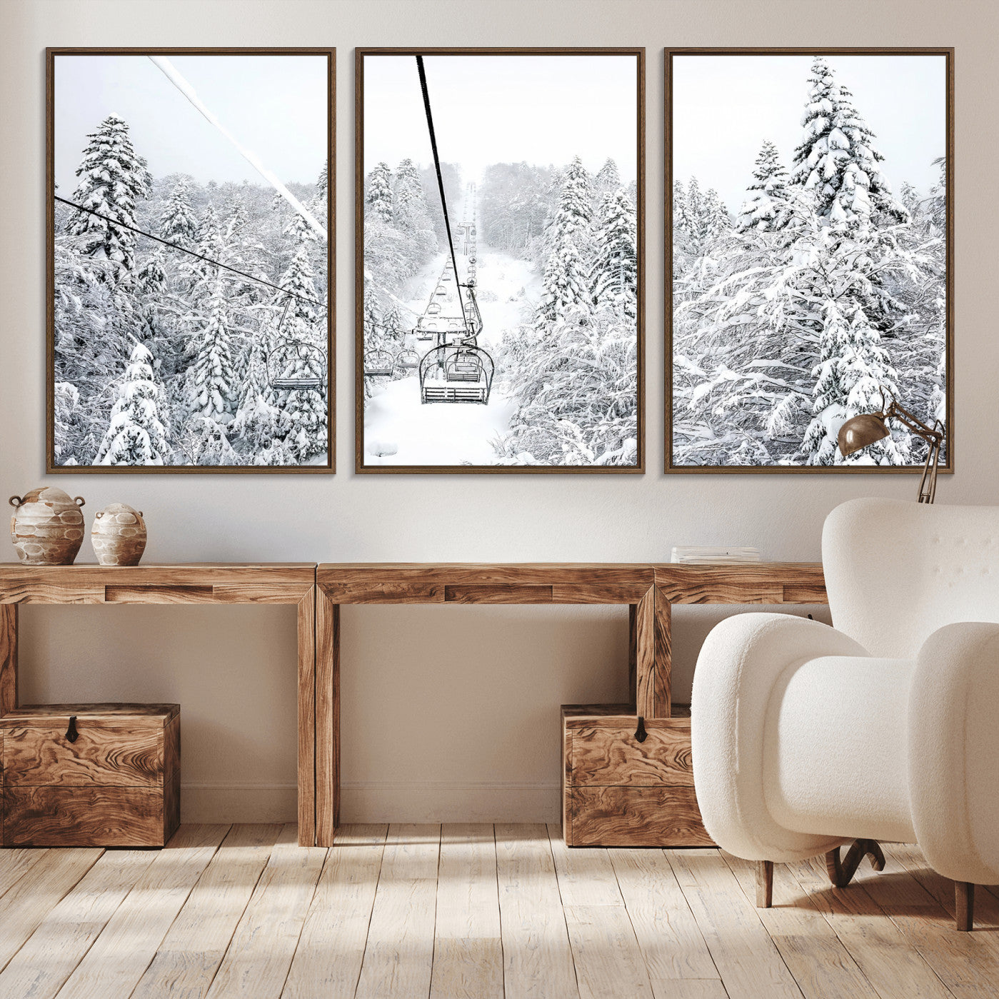 MGV-FC-60X30-3P - Snowy Forest Escape Wall Art – Canvas Print of Majestic Snow Covered Pines & Silent Chairlift, Serene Winter Wonderland Decor for Living Room, Office or Bedroom