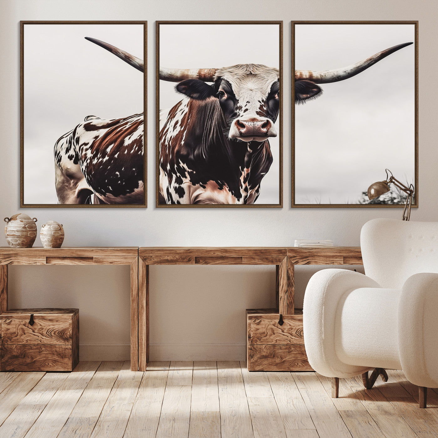 Close-up of a Texas Longhorn bull with powerful horns, perfect for rustic farmhouse or country-themed home decor. Ideal for animal lovers.