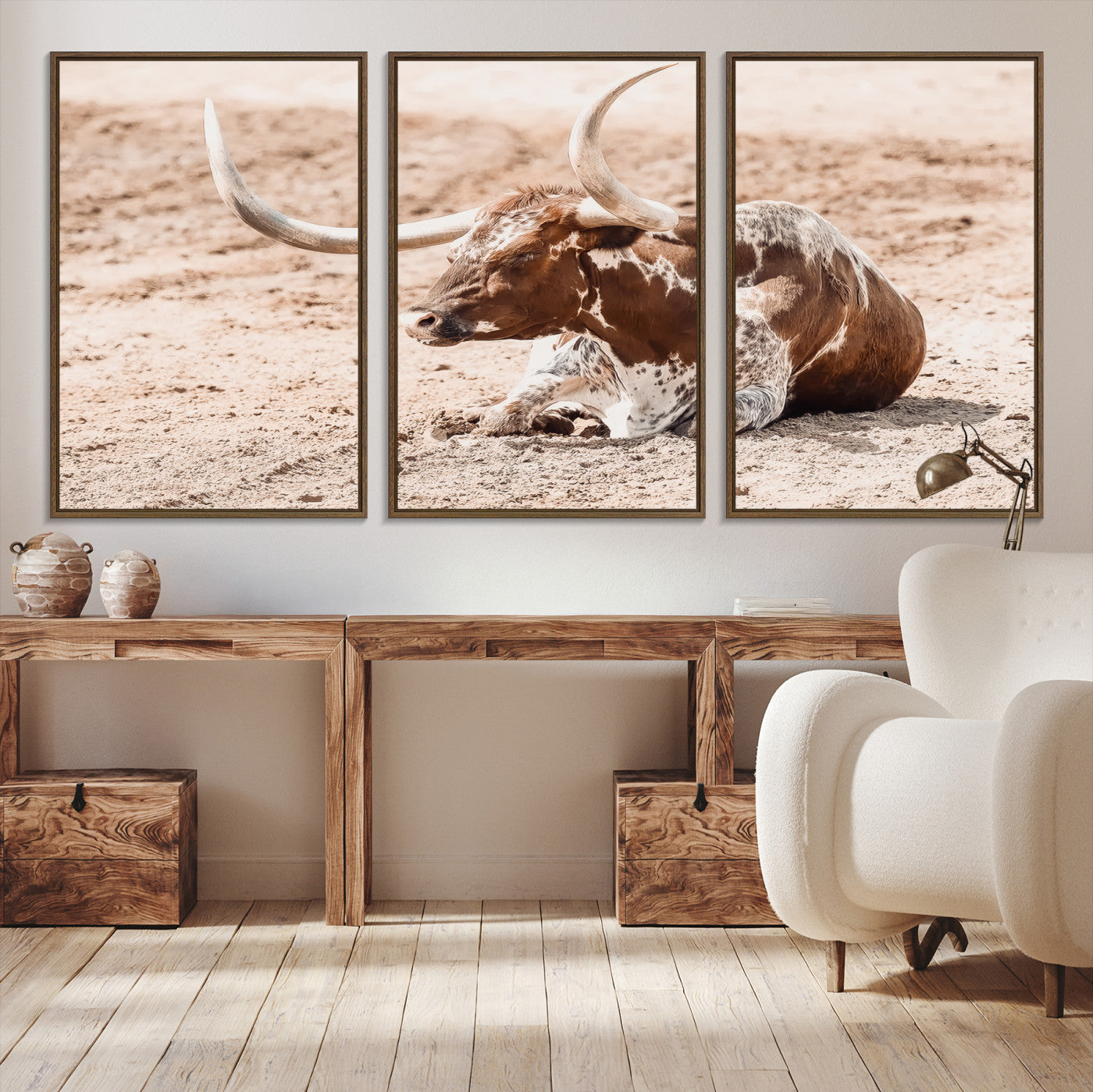 91248682-MGV-CV-36X24-Texas Longhorn Wall Art Canvas Print – Framed Resting Bull Spotted Cattle Western Ranch Animal Artwork for Home Office