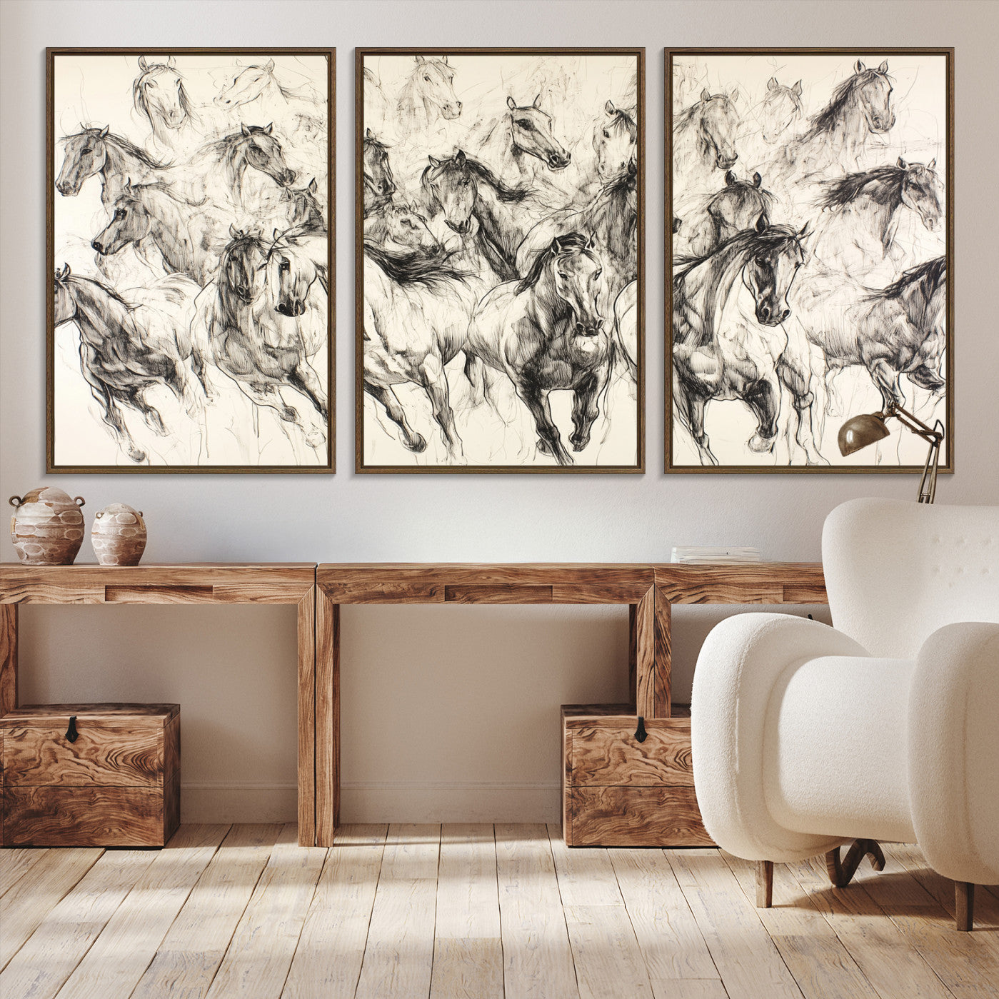 19433417-MGV-CV-36X24-Running Horses Wall Art Canvas Print – Framed Galloping Herd Dynamic Equestrian Sketch Nature Artwork for Home Office