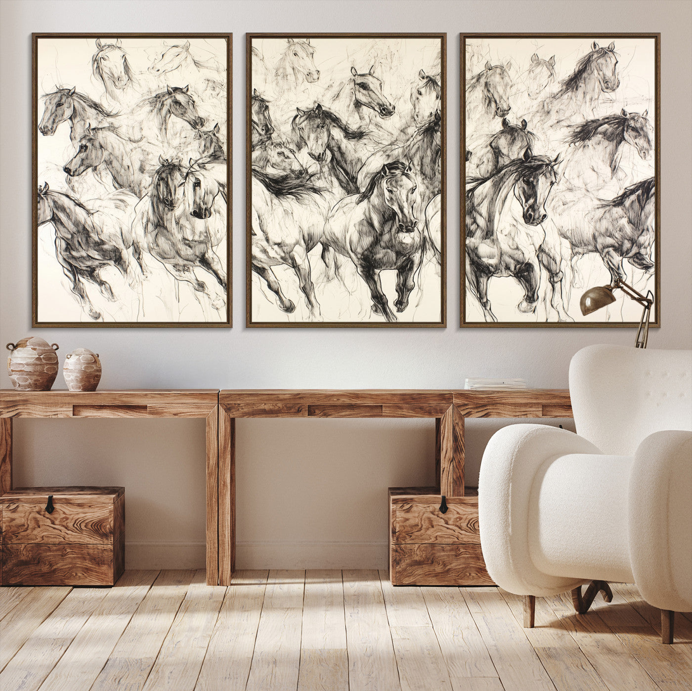 19433417-MGV-CV-36X24-Running Horses Wall Art Canvas Print – Framed Galloping Herd Dynamic Equestrian Sketch Nature Artwork for Home Office