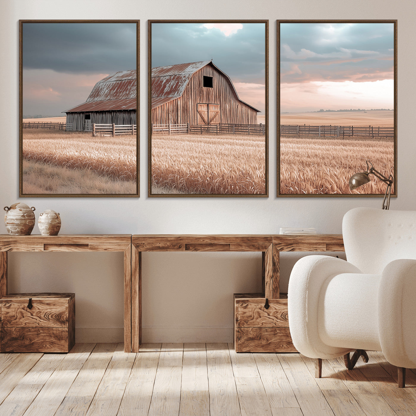 36878364-MGV-CV-48X32-3P-Rustic Barn Wall Art Canvas Print, Framed Wheat Field Art Picture Print, Sunset Barn Perfect Vintage Farmhouse Decor Artwork