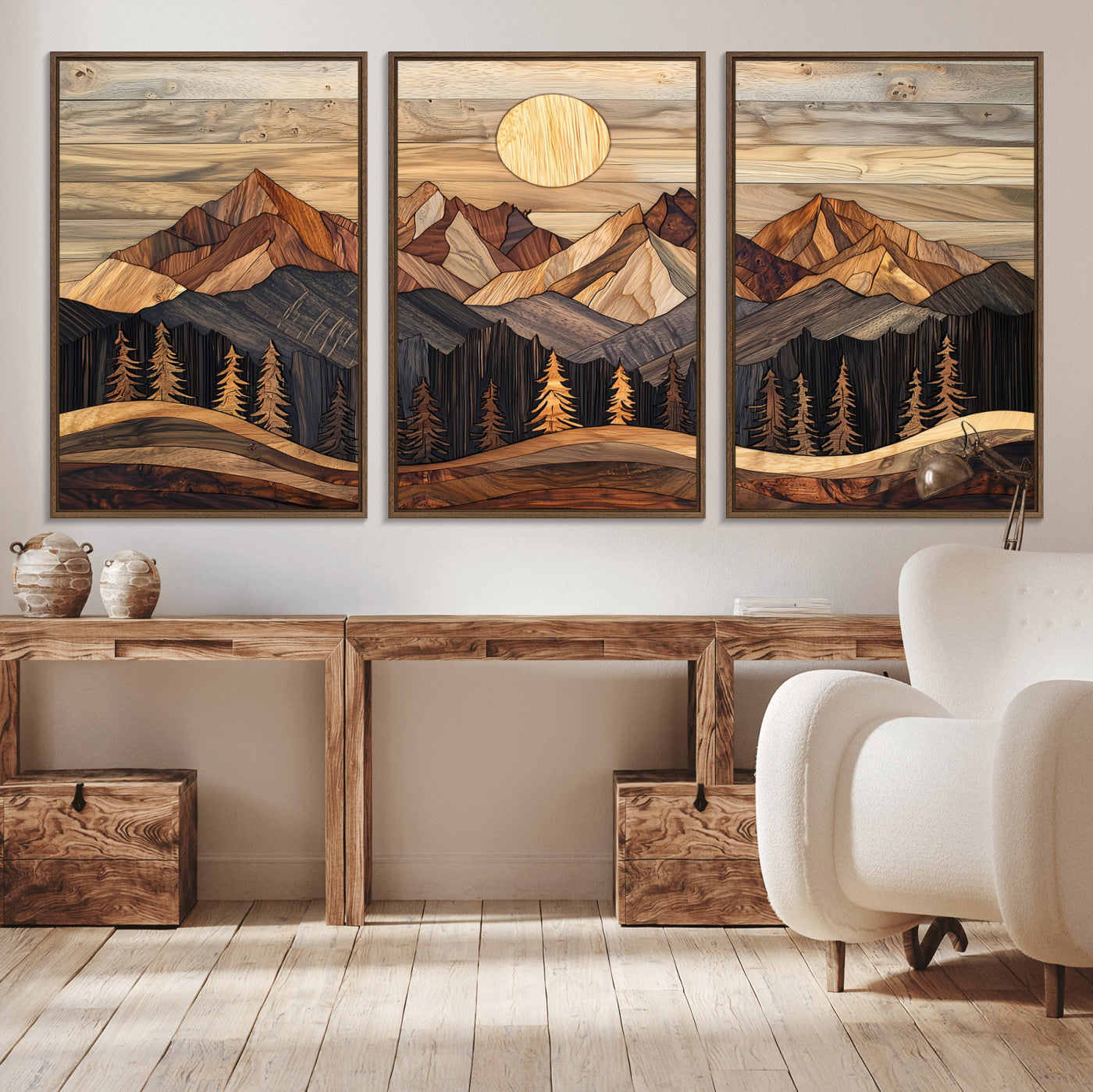 50100230-MGV-CV-36X24-Wood Mountain Wall Art Canvas Print – Framed Boho Abstract Woodland Rustic Farmhouse Geometric Artwork for Home Office