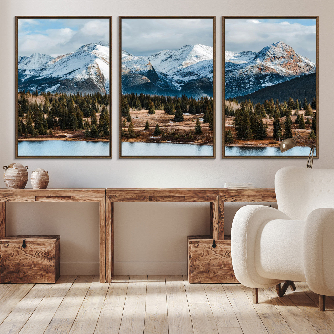 -Snowy Peaks Wall Art Canvas Print, Framed Alpine Lake Art Picture Print, Pine Forest Perfect Alpine