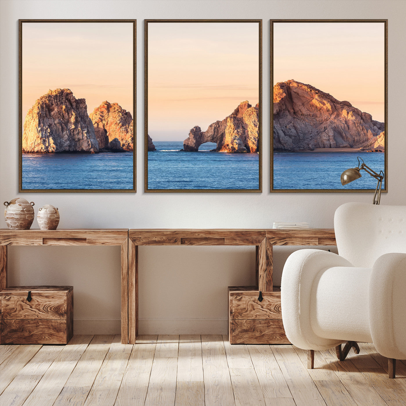 -El Arco Wall Art Canvas Print, Framed Cabo Rocks Art Picture Print, Ocean Arch Perfect Golden