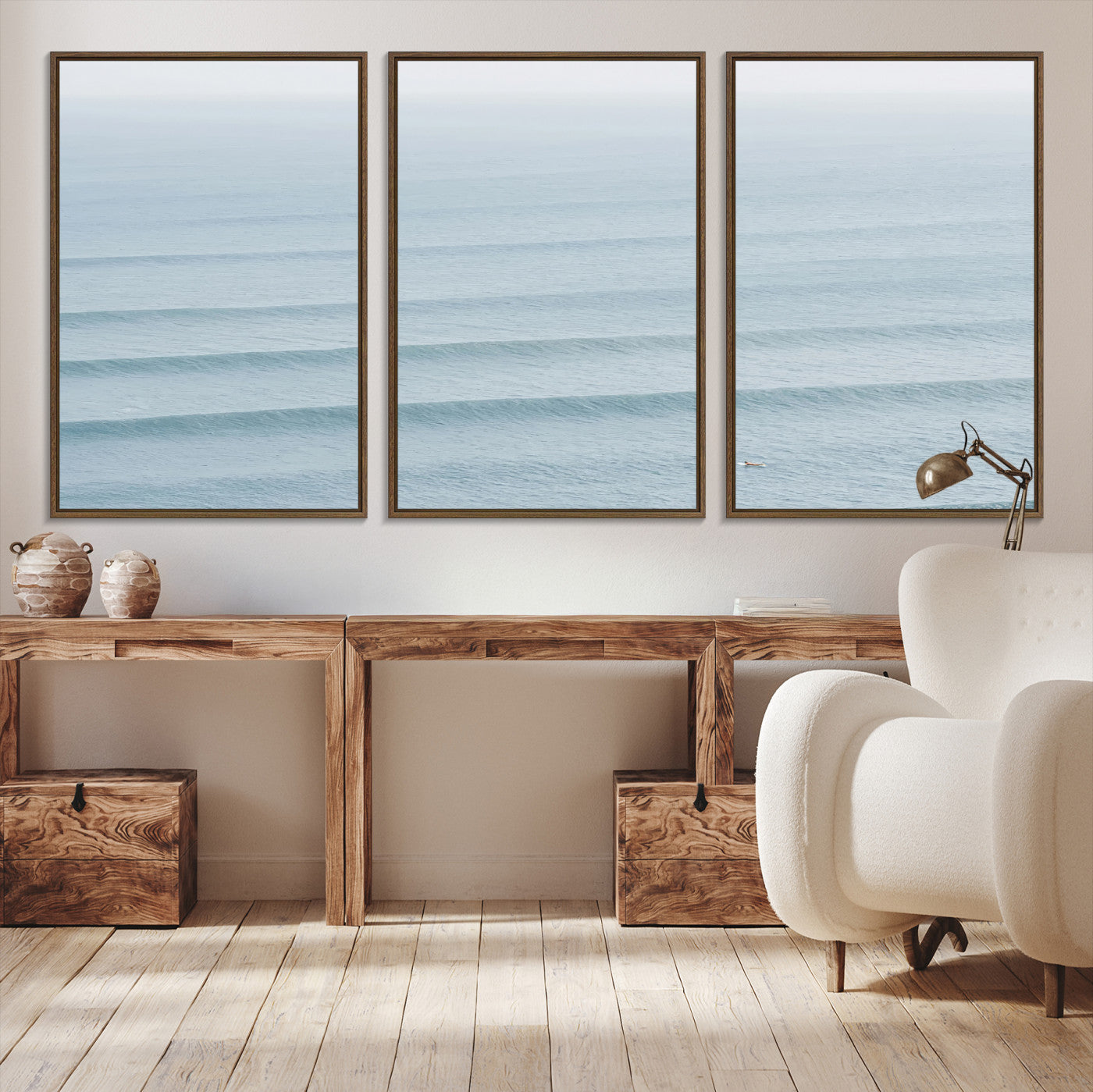 -Ocean Waves Wall Art Canvas Print, Framed Solo Surfer Art Picture Print, Wave Lines Perfect