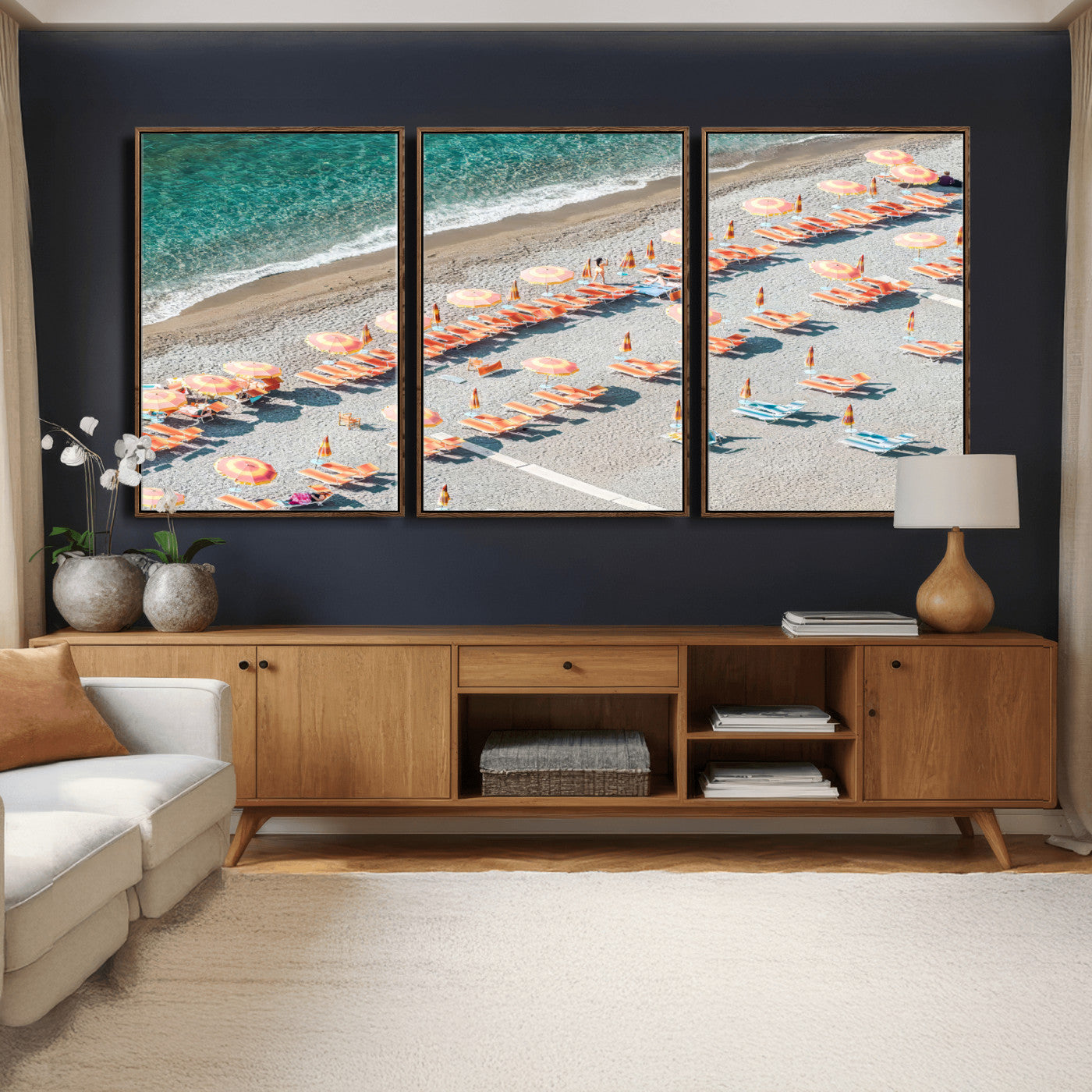 27805351-MGV-CV-36X24 - Beach Umbrellas Wall Art – Orange Loungers & Turquoise Water Canvas Print, Sandy Shore and Summer Vibes