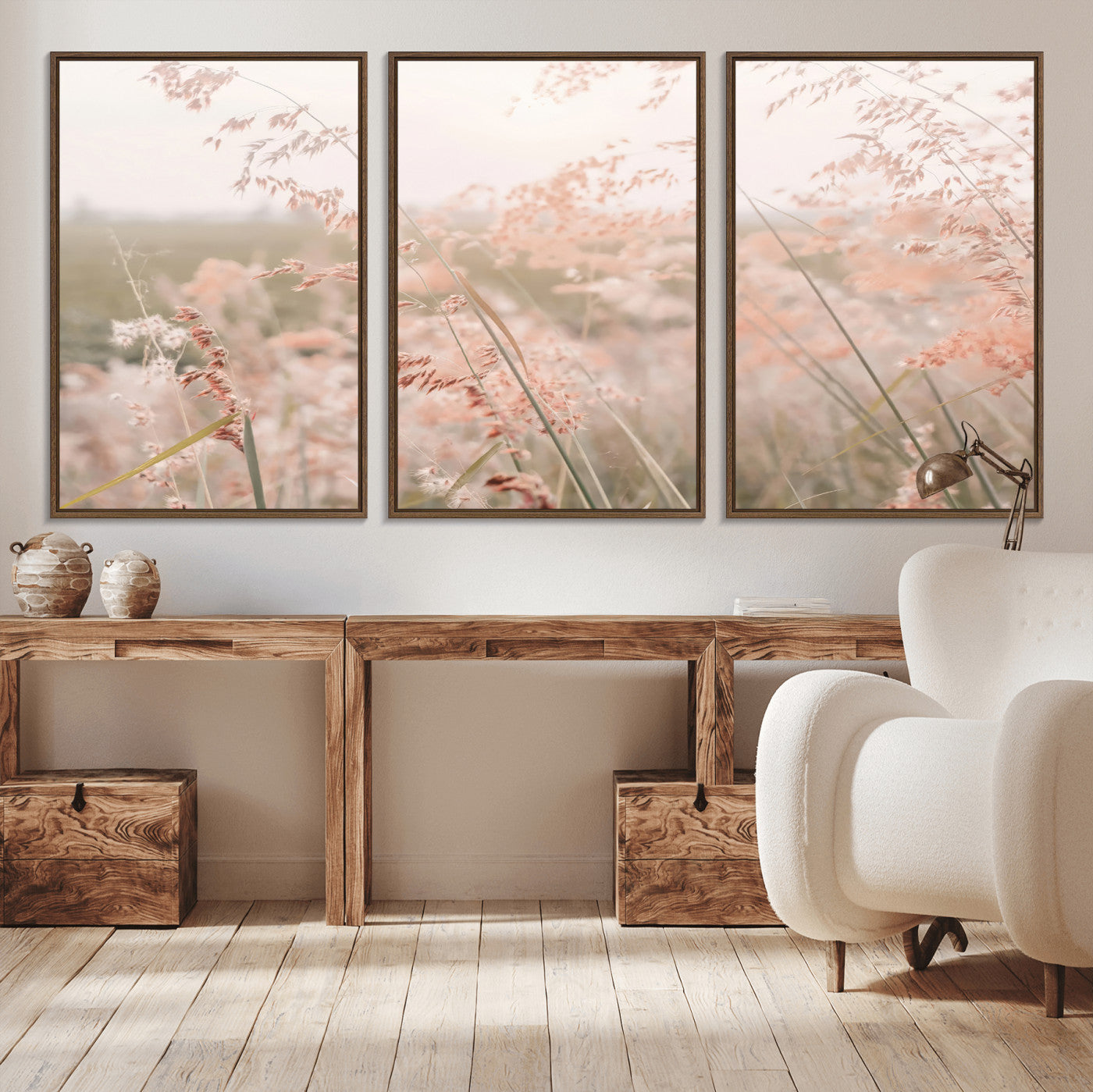 -Pastel Grasses Wall Art Canvas Print, Framed Soft Meadow Art Picture Print, Field in Breeze Perfect Soft Pastel Minimal Decor Artwork