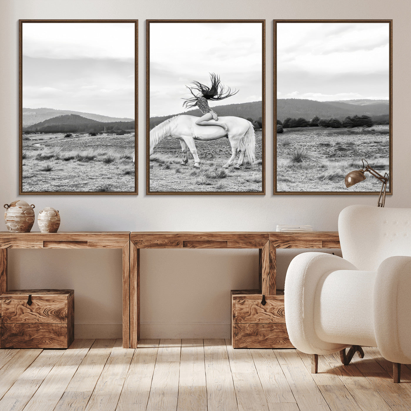 62789800-MGV-CV-36X24-White Horse Wall Art Canvas Print – Framed Woman Rider Equestrian Pose Western Boho Elegant Artwork for Home Office