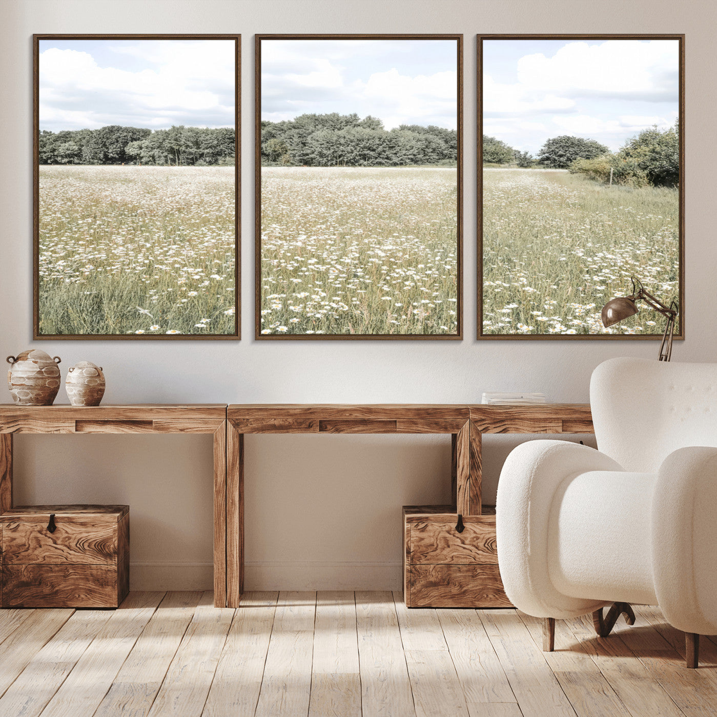 43258946-MGV-CV-36X24-Charming Daisy Field Wall Art Canvas Print – Framed Pastel Flower Meadow Bloom Scandinavian Minimal Artwork for Home Office