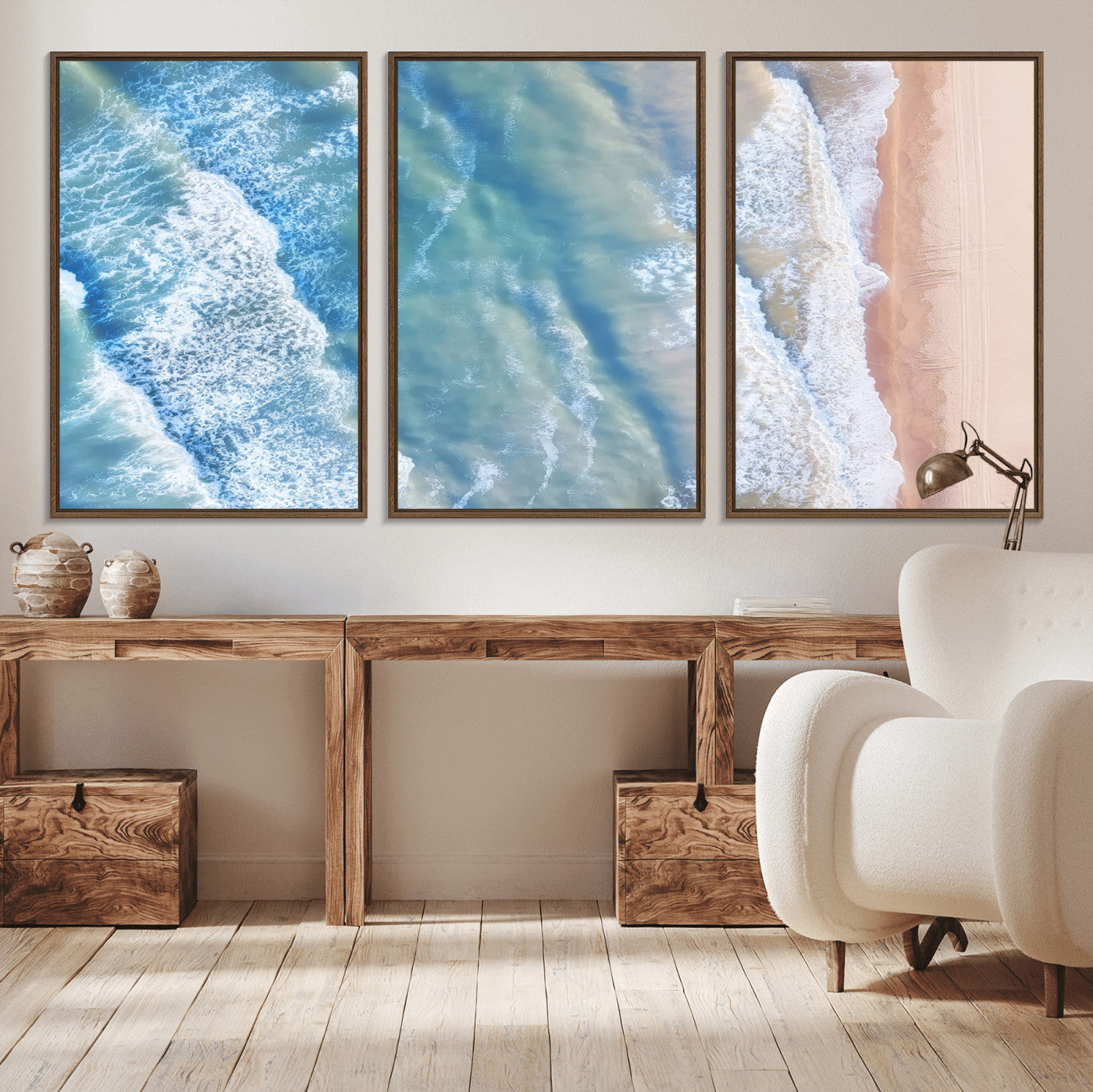 -Aerial Ocean View Wall Art Canvas Print, Framed Soft Blue Waves Art Picture Print, Sandy Shoreline Perfect Modern Coastal Decor Artwork