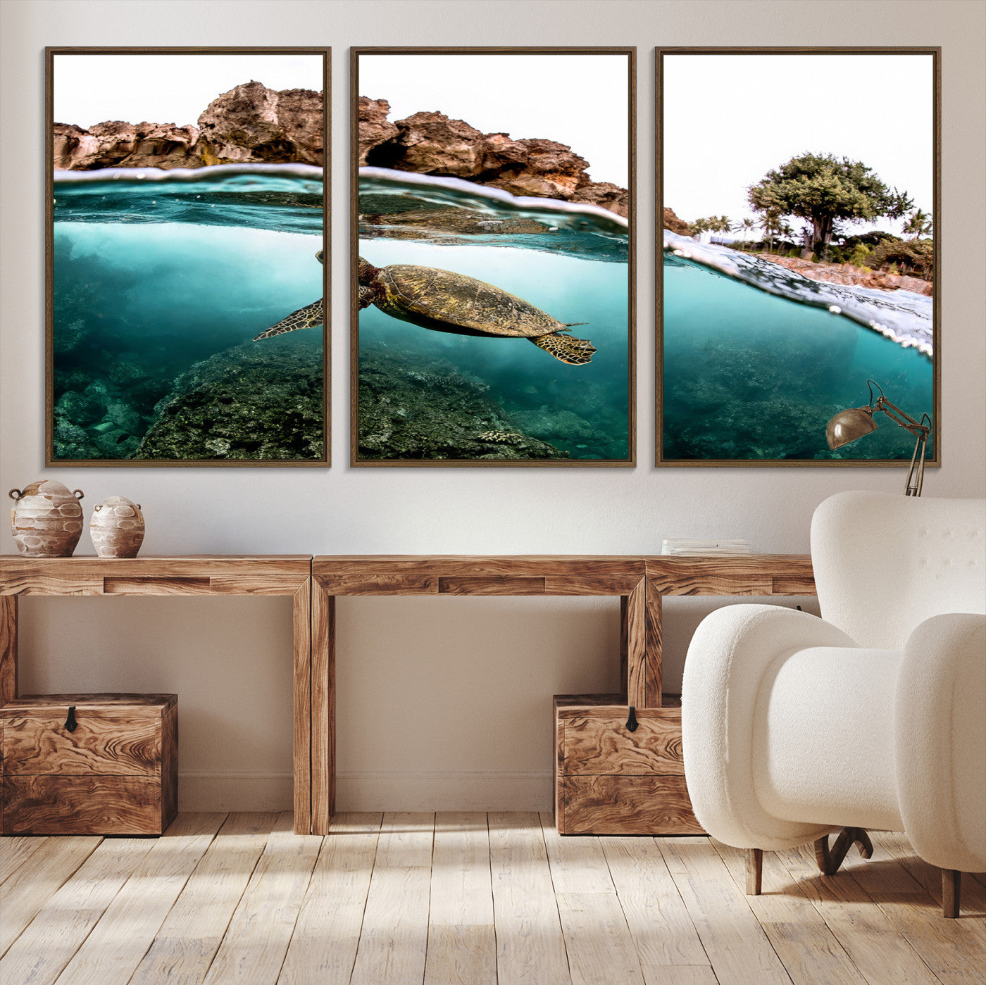 -Sea Turtle Wall Art Canvas Print, Framed Ocean Life Art Picture Print, Tropical Perfect Coastal