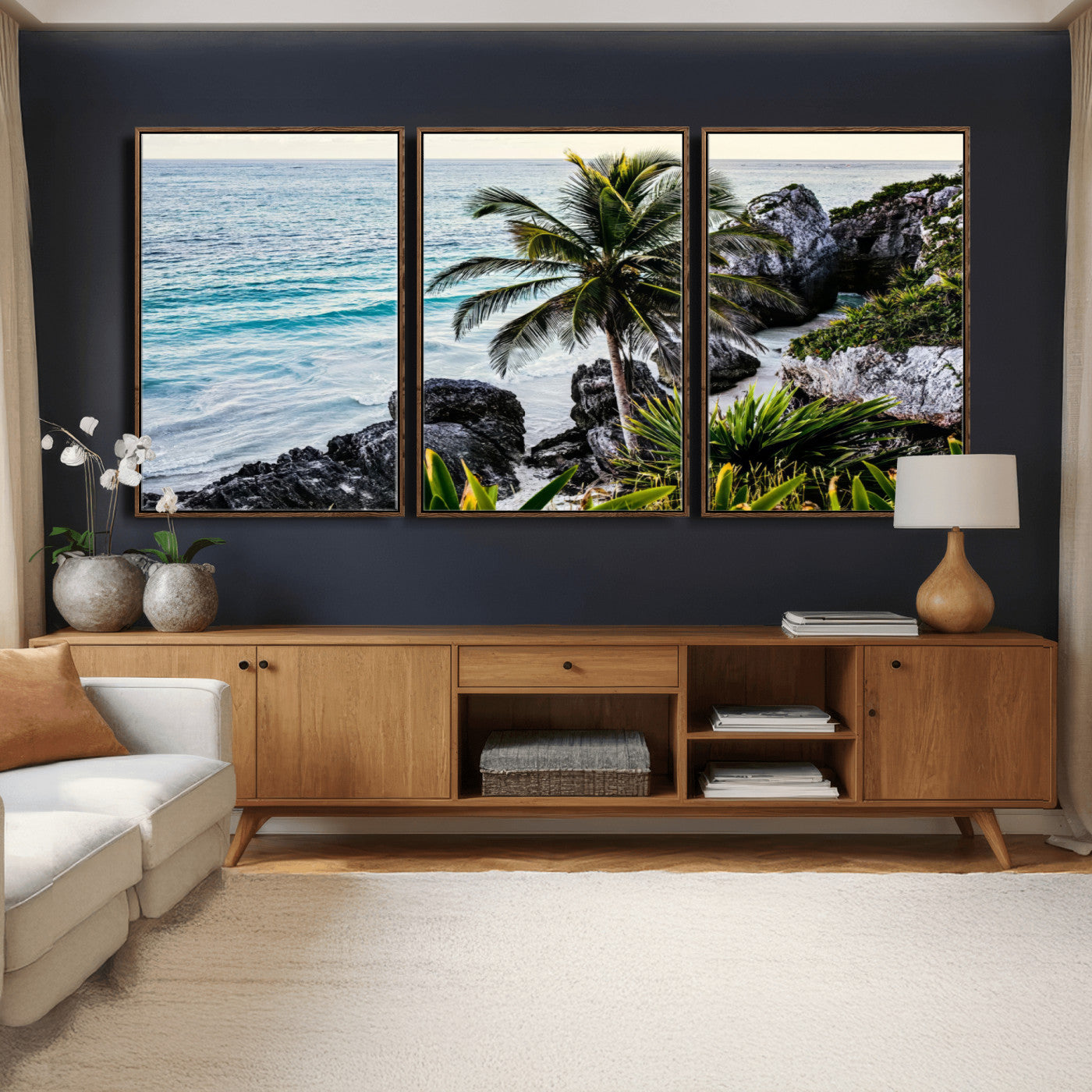 94669907-MGV-CV-36X24 - Tropical Palm Wall Art – Coastal Rocks Canvas Print, Ocean Breeze, Sandy Shore, Vibrant Green Foliage for Living Room or Beach House Decor