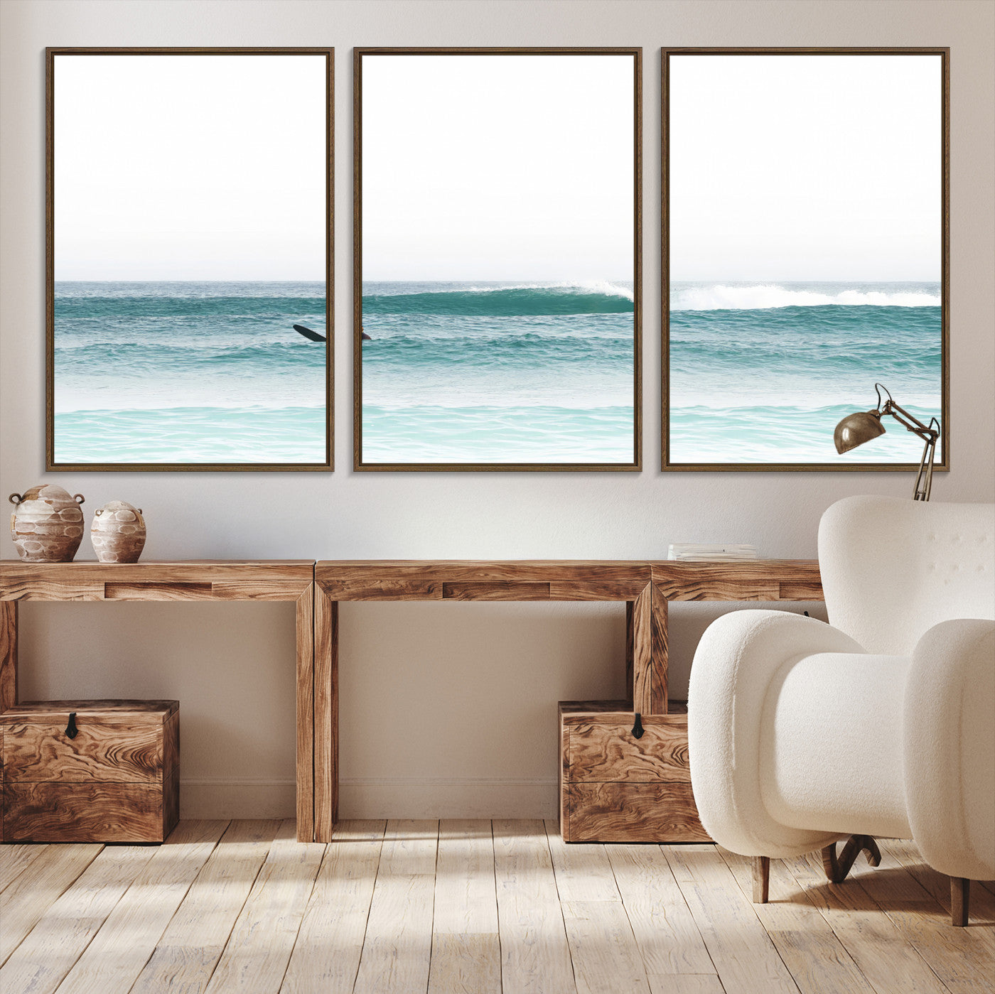 -Surfing Wall Art Canvas Print, Framed Ocean Art Picture Print, Waves Perfect Minimalist Decor for Living Room, Bedroom or Office