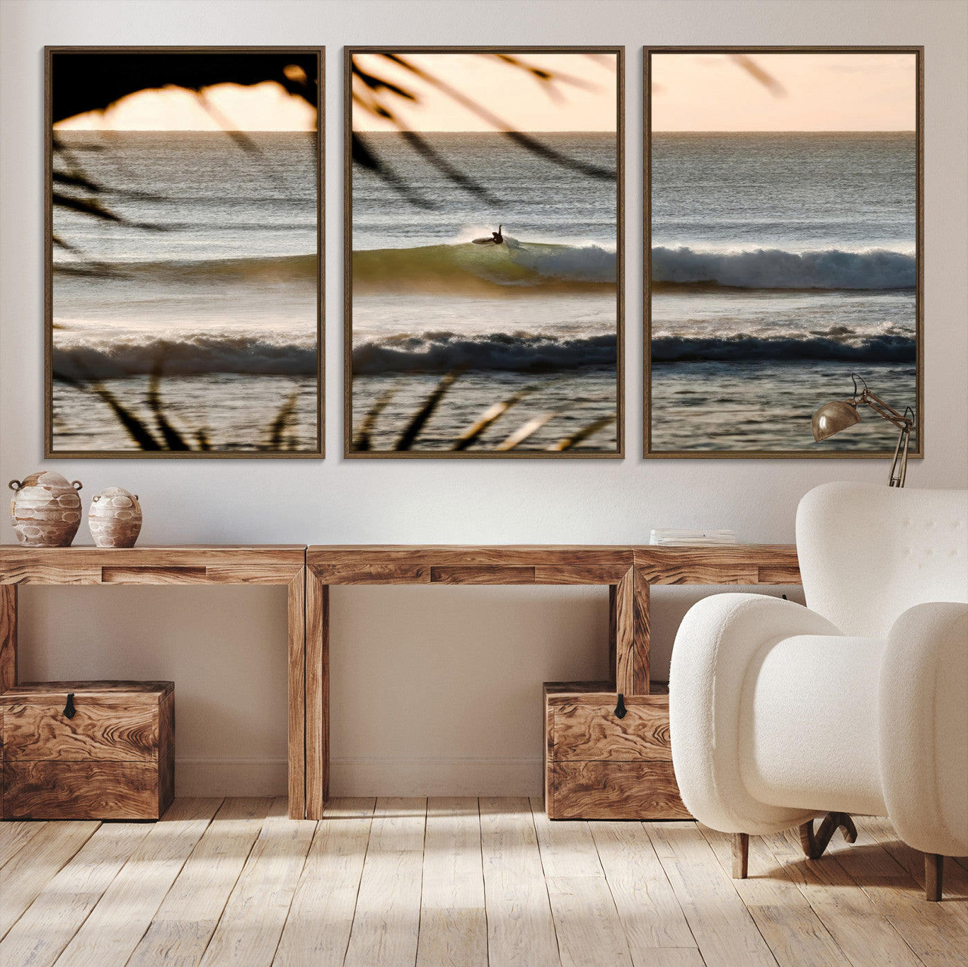24896468-MGV-CV-36X24-Sunset Surf Wall Art Canvas Print – Framed Golden Hour Waves Scene Artwork for Boho Home, Office, Living Room Decor