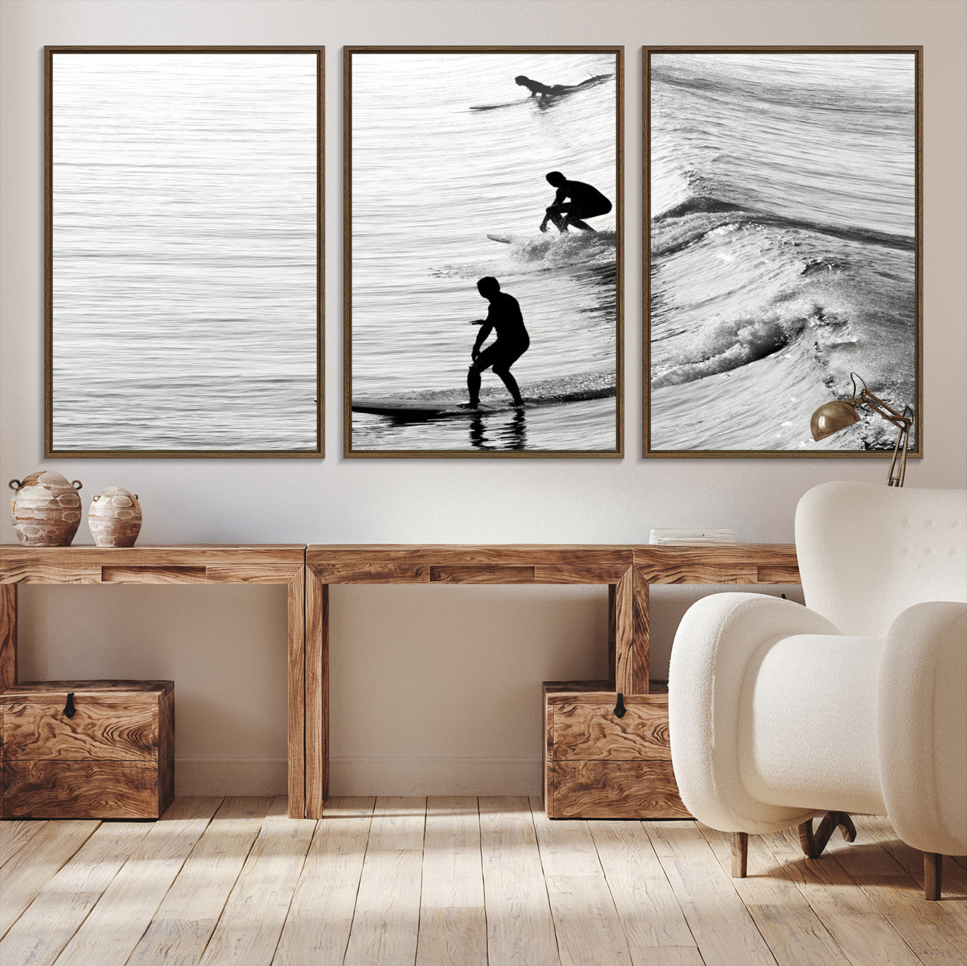 -Surfers on Waves Wall Art Canvas Print, Framed Black White Surf Art Picture Print, Monochrome Ocean
