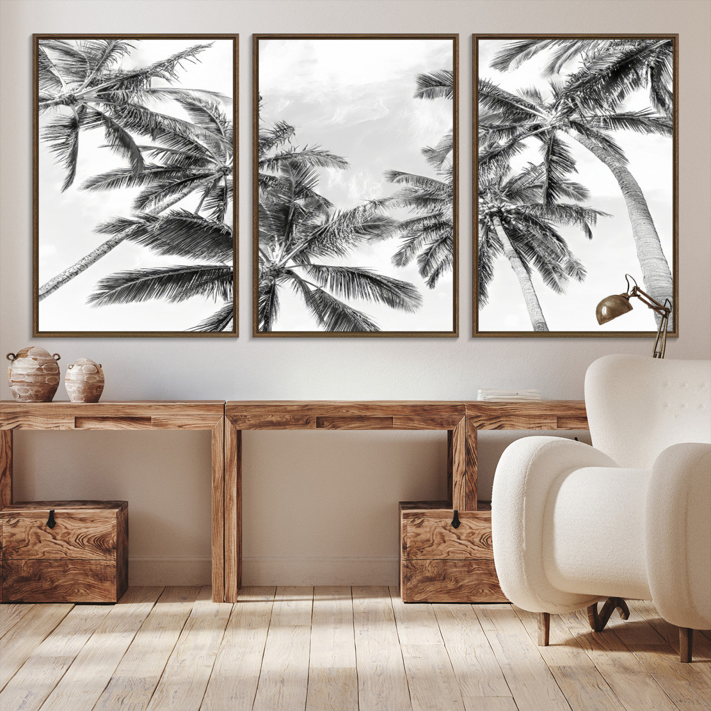 62113786-MGV-CV-36X24-Black and White Palm Wall Art Canvas Print – Framed Monochrome Tropical Beach Scene Artwork for Modern Home, Office Decor