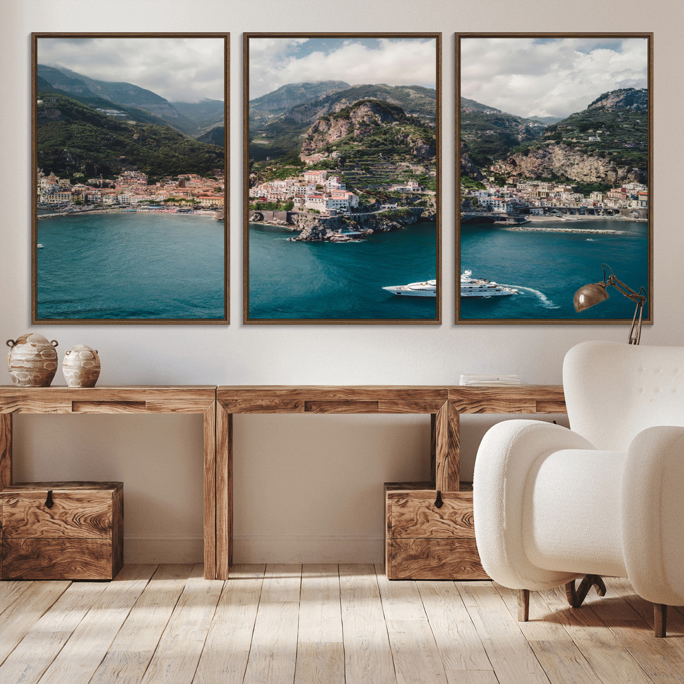 20321590-MGV-CV-36X24-Amalfi Coast Wall Art – Framed Italian Seaside Canvas Artwork, Mediterranean Landscape Design, Coastal Decor for Home, Office