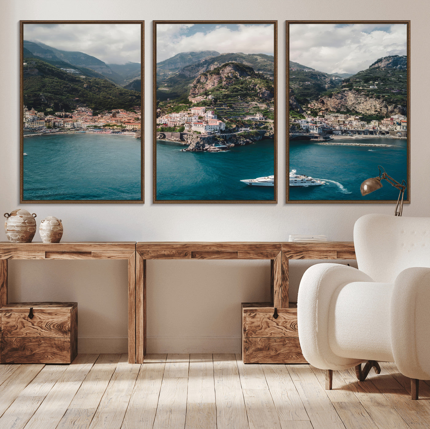 20321590-MGV-CV-36X24-Amalfi Coast Wall Art – Framed Italian Seaside Canvas Artwork, Mediterranean Landscape Design, Coastal Decor for Home, Office