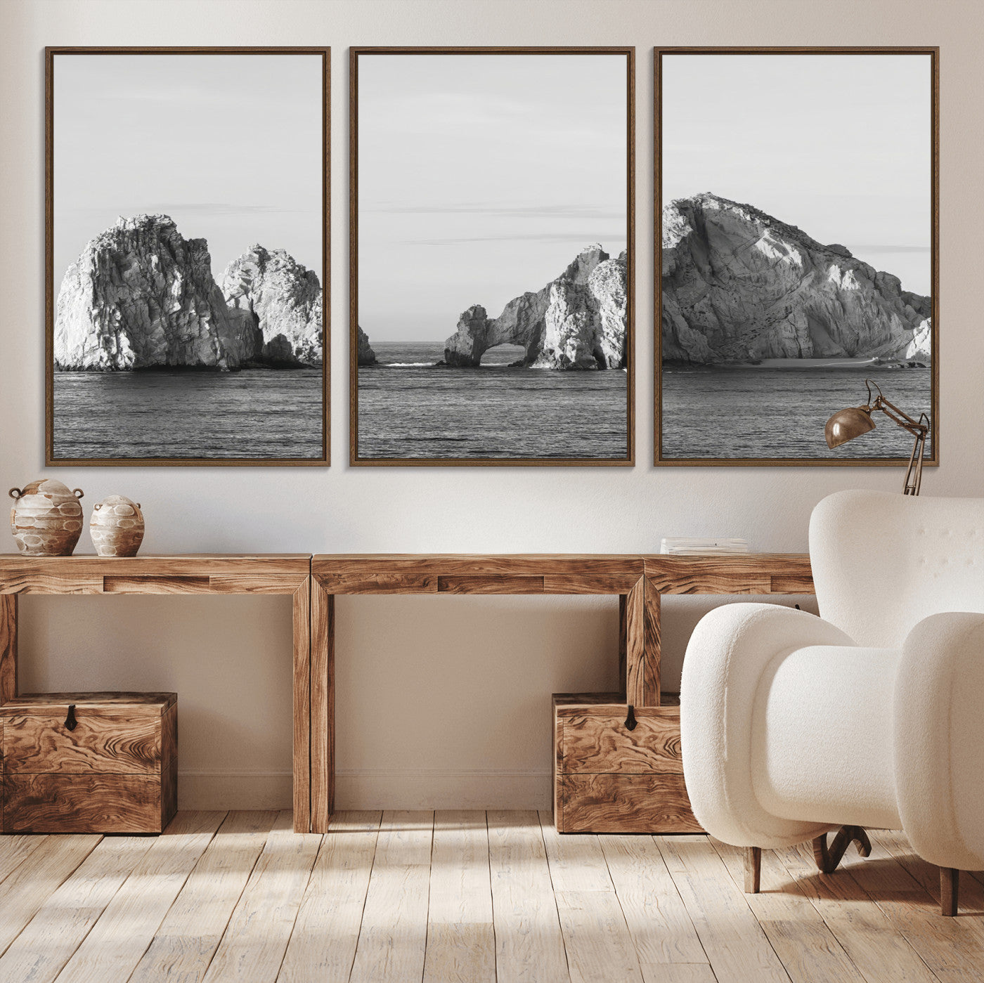 MGV-FC-60X30-3P - Rugged Coastline Wall Art Canvas Print, Framed Ocean Cliffs Art Picture Print, Monochrome Seascape Perfect Coastal Minimalist Decor Artwork