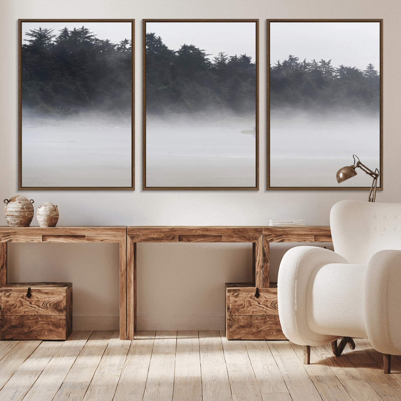 59703275-MGV-CV-36X24-Surfer Fog Wall Art Canvas Print – Framed Foggy Beach Scene with Coastal Surf Artwork for Home, Office, Living Room