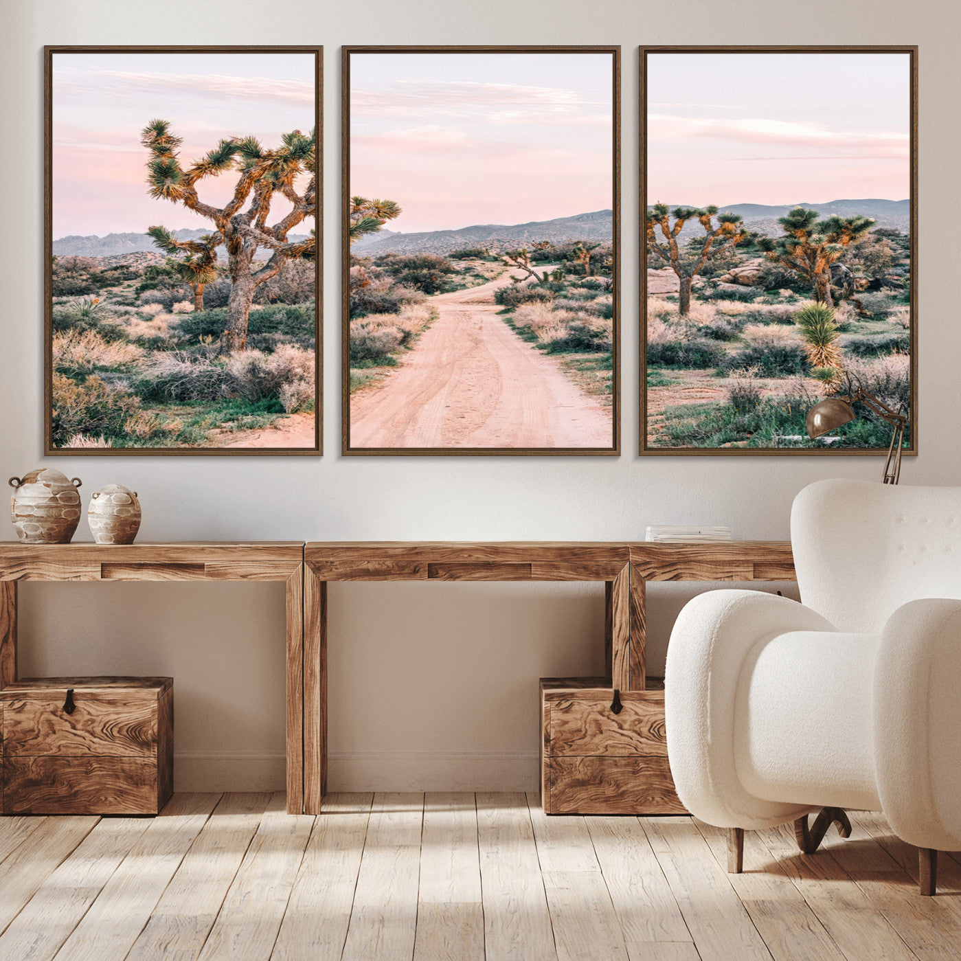 MGV-FC-60X30-3P - Desert Trail Wall Art – Canvas Print of Joshua Trees & Sunset Glow, Sandy Path Wilderness, Scenic Nature Escape Decor for Living Room, Office or Bedroom