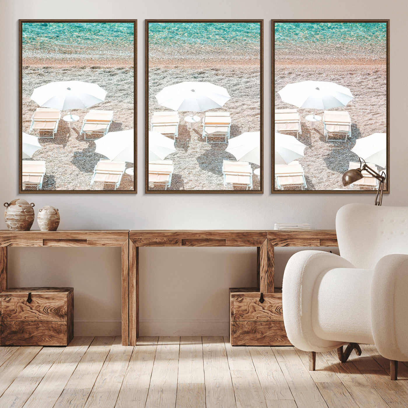 MGV-FC-60X30-3P - Calm Beach Wall Art Canvas Print, Framed Turquoise Water Art Picture Print, Umbrella Shoreline Perfect Coastal Minimalist Decor Artwork