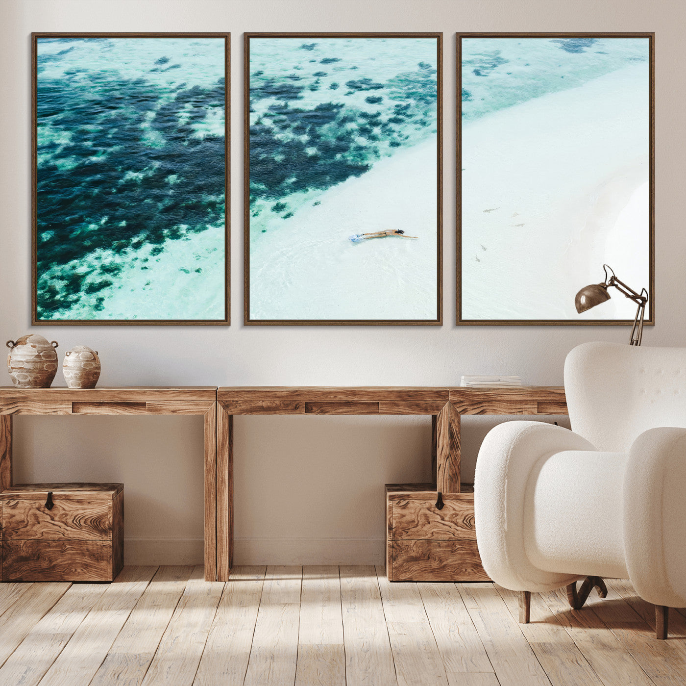 33764764-MGV-CV-36X24-Minimal Beach Wall Art – Framed Ocean Swimming Canvas Artwork, Clear Blue Sea Design, Modern Coastal Decor for Home, Office