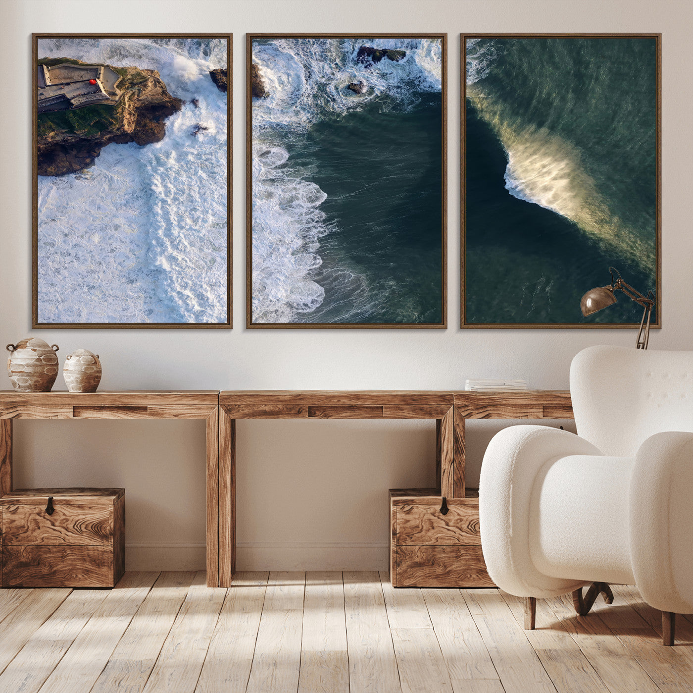 MGV-FC-60X30-3P - Nazaré Coast Wall Art Canvas Print, Framed Aerial Ocean Art Picture Print, Coastal Fortress Perfect Dramatic Coastal Decor Artwork