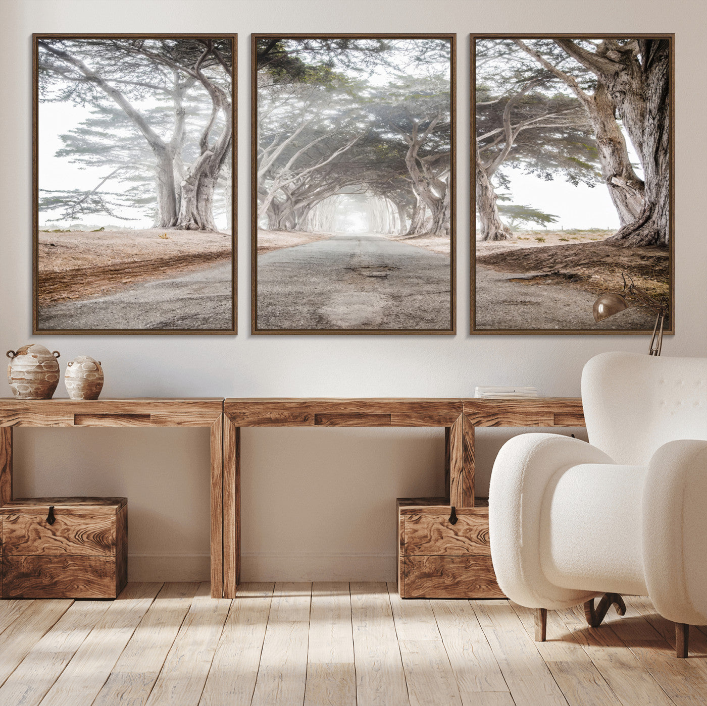 87090469-MGV-CV-36X24-Cypress Tunnel Wall Art – Framed Misty Road Canvas Artwork, Foggy Trees Design, Rustic Woodland Nature Decor for Home, Office