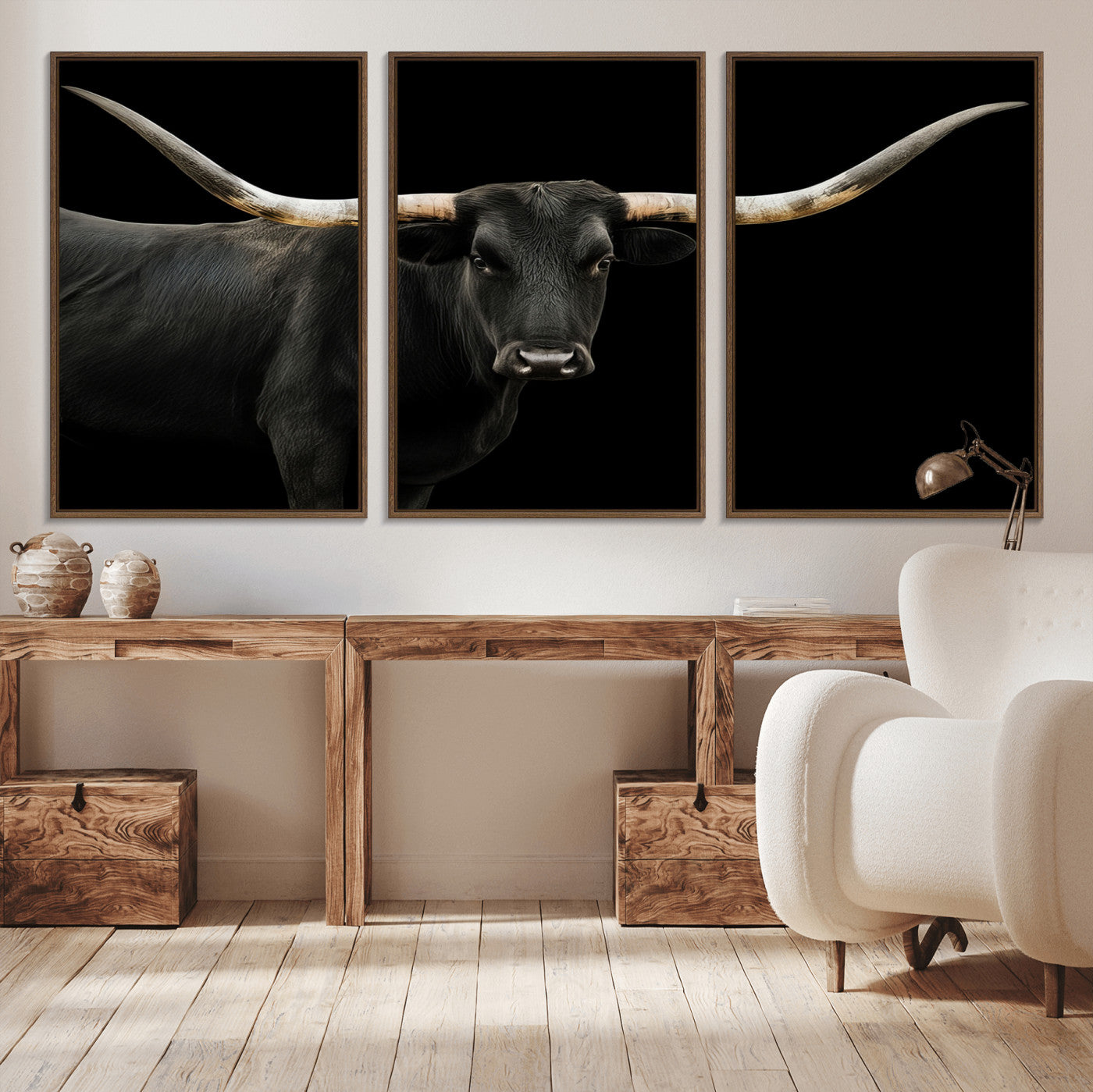 99448328-MGV-CV-36X24-Longhorn Cattle Wall Art Canvas Print – Framed Texas Ranch Scene with Western Cow Artwork for Home, Office, Living Room