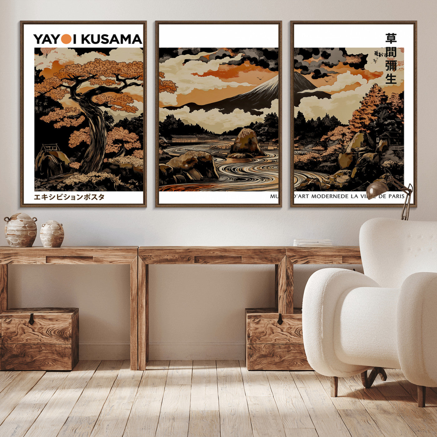 96372548-MGV-CV-36X24-Modern Japanese Wall Art Canvas Print – Framed Abstract Mount Fuji Scene with Yayoi Kusama Style Artwork for Home, Office