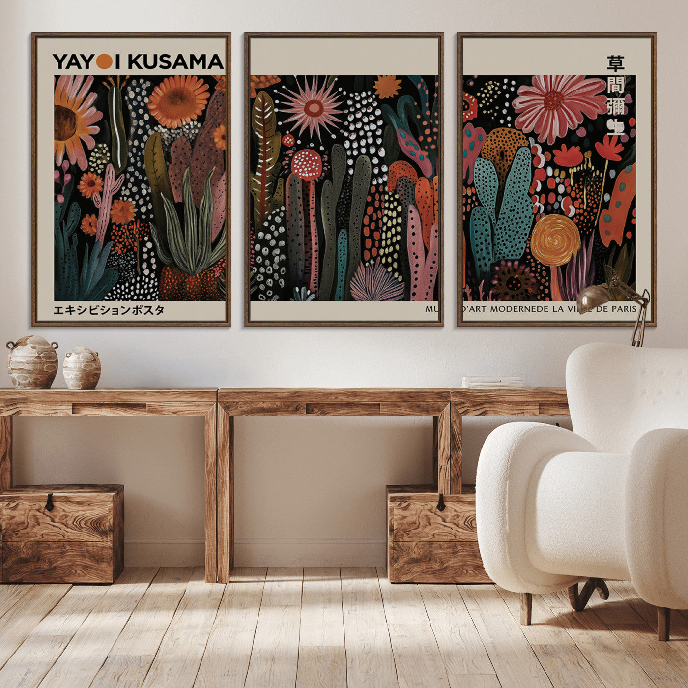 28344895-MGV-CV-36X24-Modern Japanese Wall Art Canvas Print – Framed Abstract Mount Fuji Scene with Contemporary Yayoi Kusama Artwork for Home, Office
