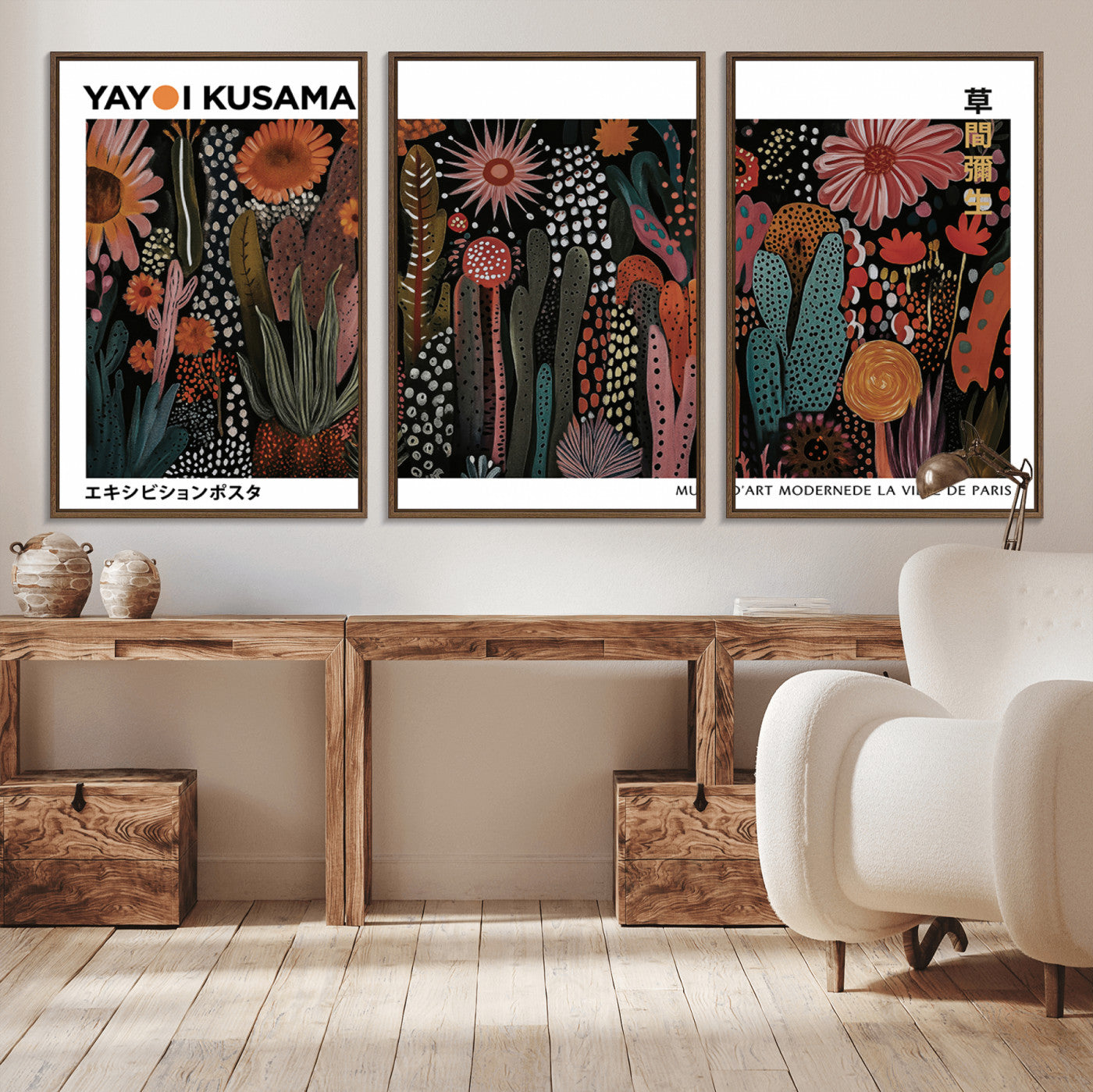 70632622-MGV-CV-36X24-Modern Japanese Wall Art Canvas Print – Framed Abstract Mount Fuji Scene with Yayoi Kusama Artwork for Home, Office