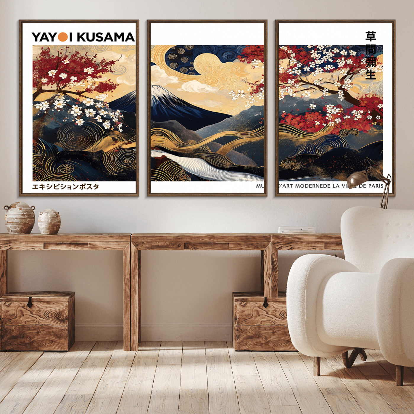 66243961-MGV-CV-36X24-Modern Mount Fuji Wall Art Canvas Print – Framed Abstract Mount Fuji Scene with Yayoi Kusama Artwork for Home, Office