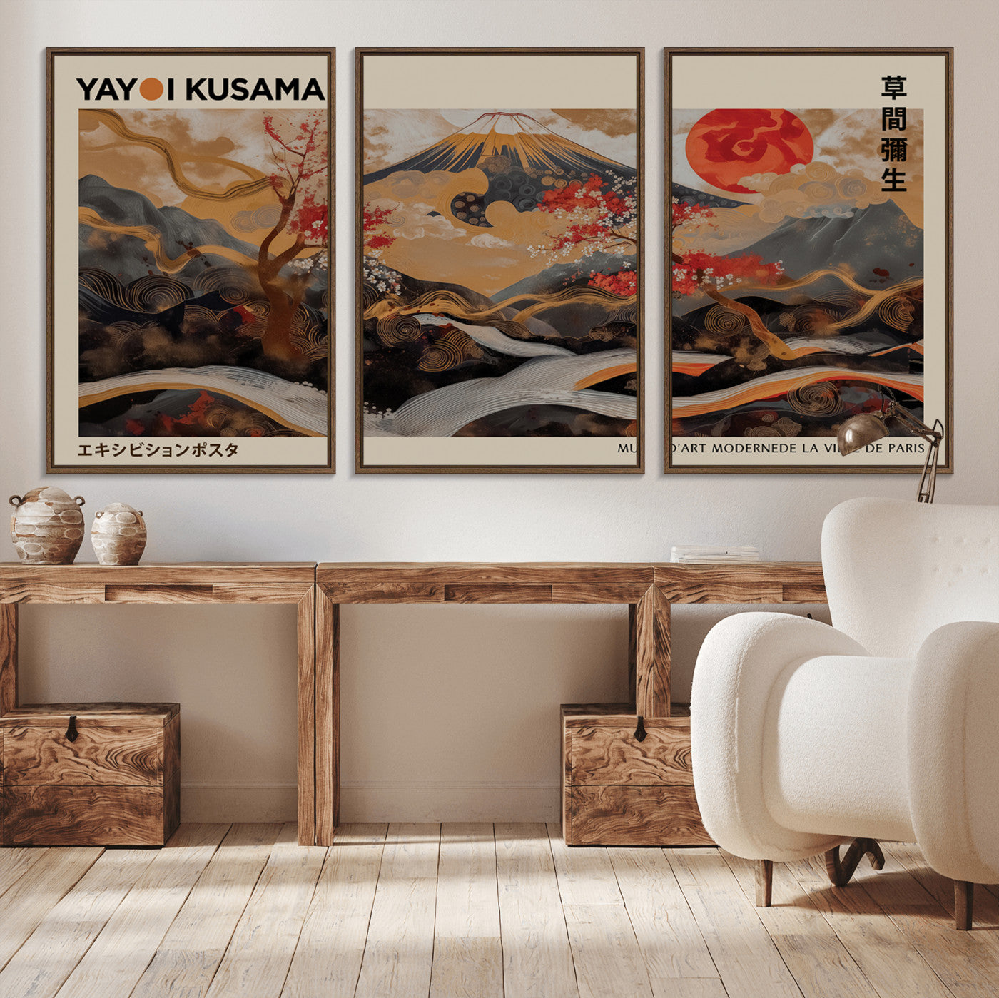 77970791-MGV-CV-36X24-Modern Japanese Wall Art Canvas Print – Framed Abstract Mount Fuji Scene with Yayoi Kusama Artwork for Home, Office