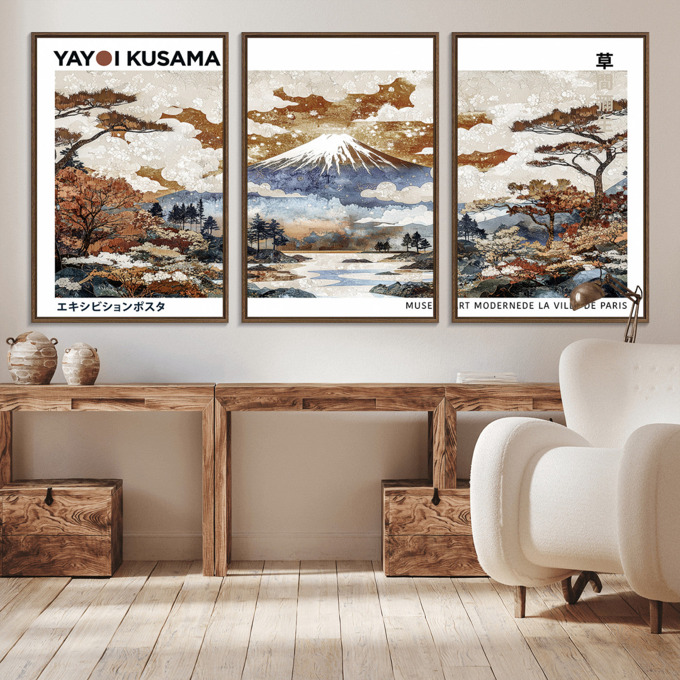 80111817-MGV-CV-36X24-Modern Japanese Wall Art Canvas Print – Framed Abstract Mount Fuji Scene with Yayoi Kusama Artwork for Home, Office